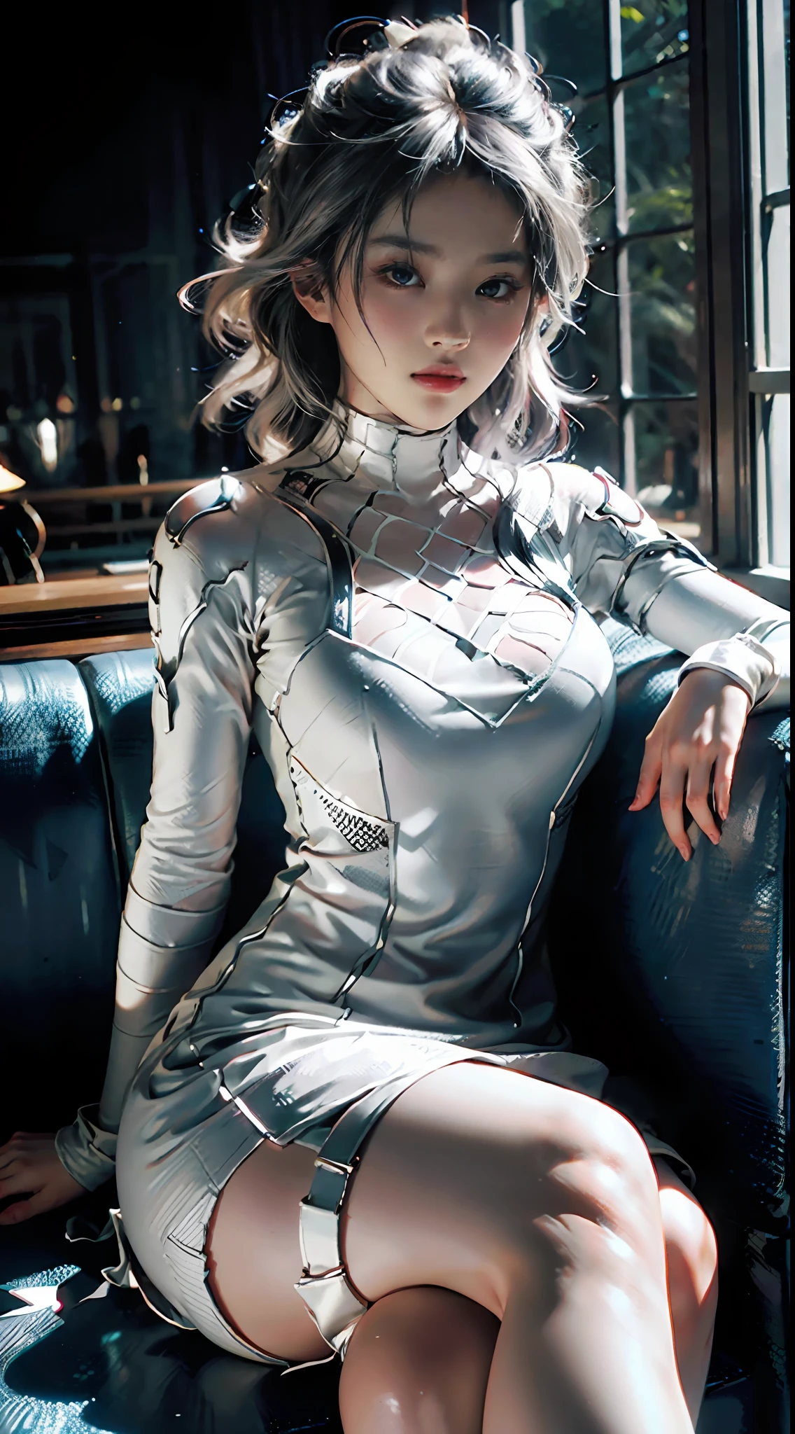 (CG Unity 8K wallpaper in extreme detail,tmasterpiece,Highest image quality),(Delicate light and shadow,The picture is highly dramatic,Cinematic lens effect),A girl in a white Spider-Man costume,Silver-gray hair color,From the Spider-Man parallel universe,Wenger,Marvel,Spidey,sitting in the couch,dynamicposes),(Exceptional detail,The lighting effect is outstanding,Vista wide angle),(Excellent rendering,Enough to stand out from the crowd),The focus is on the white Spider-Man costume,Complex spider textures,sexy big breasts exposed