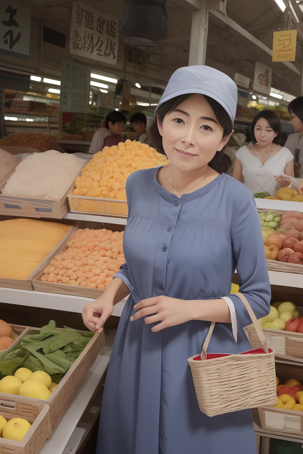 (8k,RAW photos,tmasterpiece:1.3),(realisticlying,photograph realistic:1.37),(looking at viewert:1.331),50-year-old middle-aged woman,Gray hair,Dress normally,A small bag hangs from his hand,Grocery shopping at the wet market,mix4 best quality。