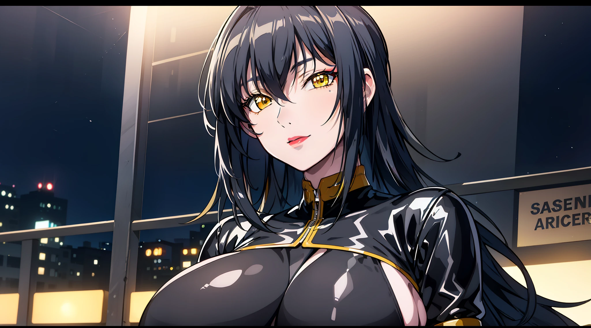 professional artwork, Intricate Details, field of view, sharp focus, detailed painting, photorealistic lighting, trending on pixiv, Standing at attention, black outfit ,yellow collared shirt,black and red bodysuit,skin_tight,black legwear, black pantyhose, Side_boob, black hair,very long hair, Bangs,yellow eyes,makeup, lipstick, 20yo,mature female,Beautiful Finger,Beautiful long legs,Beautiful body,Beautiful Nose,Beautiful character design, perfect eyes, perfect face, looking at viewer, NSFW,official art,extremely detailed CG unity 8k wallpaper, perfect lighting,Colorful, Bright_Front_face_Lighting, (masterpiece:1.0),(best_quality:1.0), ultra high res,4K,ultra-detailed, photography, 8K, HDR, highres, absurdres:1.2, Kodak portra 400, film grain, blurry background, bokeh:1.2, lens flare, (vibrant_color:1.2) (Beautiful,large_Breasts:1.4), (beautiful_face:1.5),(narrow_waist), (solo:1.4), ((landscape dimension))