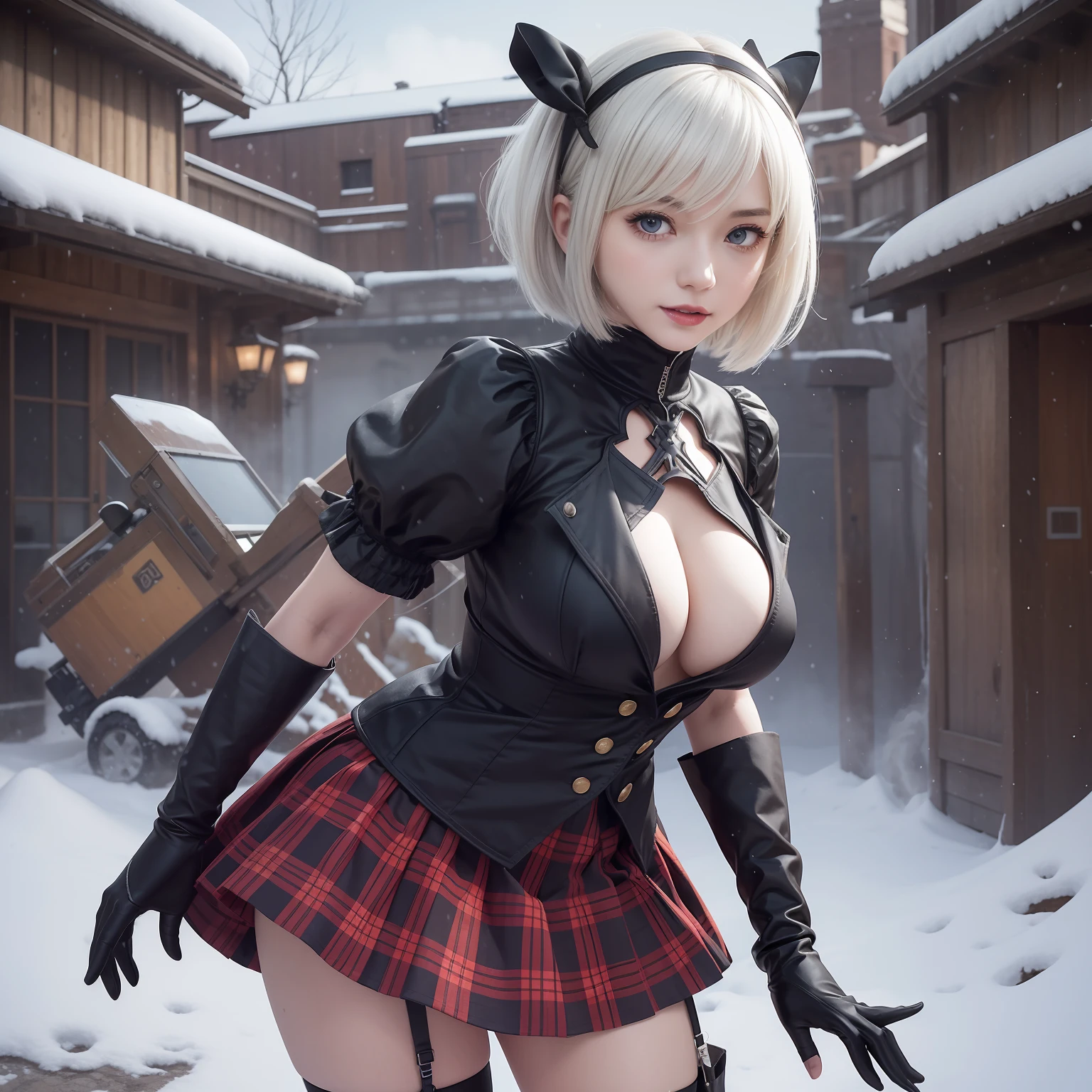 The nipple is visible、Show the pubic area、pubick hair、toppless、Show the pubic area、no-bra、No panties、sensual breasts、Show your butt、Nier Automata、Yoruha Different。 2 Type B、女の子1人、wlop、2b、shairband、Hi-Res、Nier(Series)、Nier Automata、red-lips、Shaded face、short-hair、独奏、high-necked、Ash hair、Blue eyes、Short pleated skirt with plaid pattern、snowscape、snow blowing、A slight smil