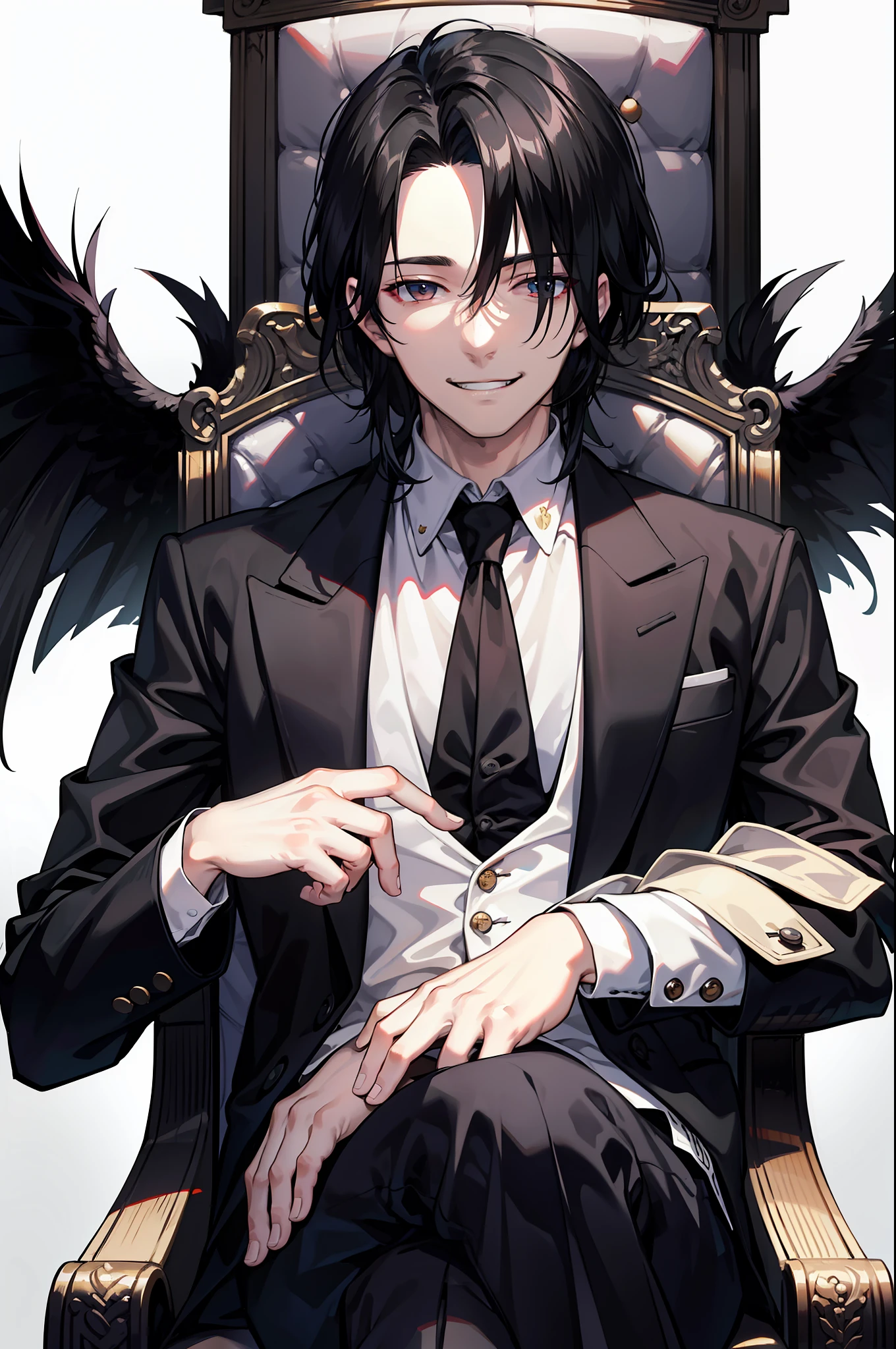 masterpiece, highlydetailed, (the godfather), sinister smile, (white background)(1 character), (black hair), (disheveled hair), (handsome), (elegant), (heterochromia:0.5), (silver right eye:0.7), (golden left eye:0.3)