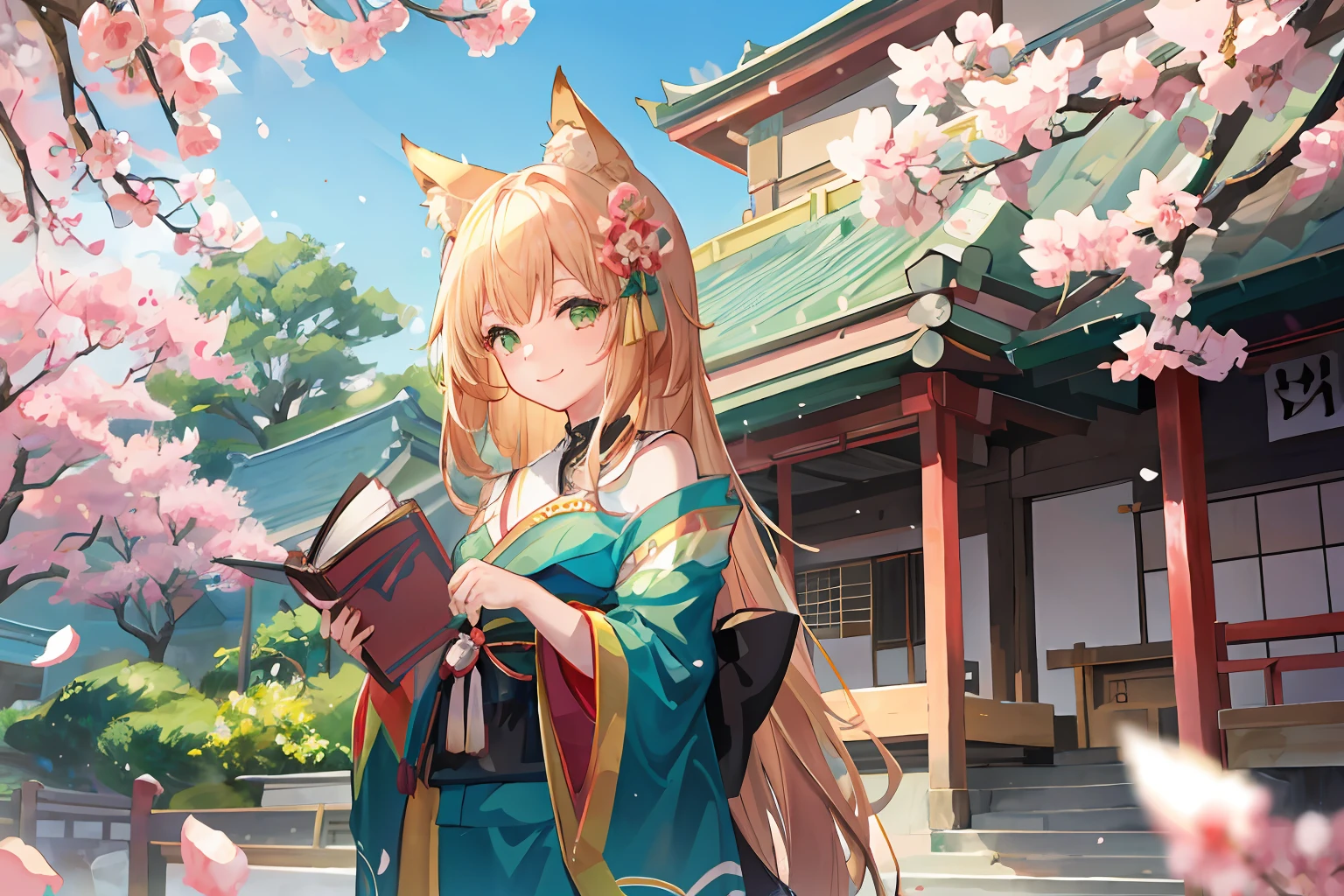 girl with animal ears, in green kimono, smiling, sakura trees and sakura petals, outside, old ancient japanese town, japanese temple, sakura flowers, holding a book