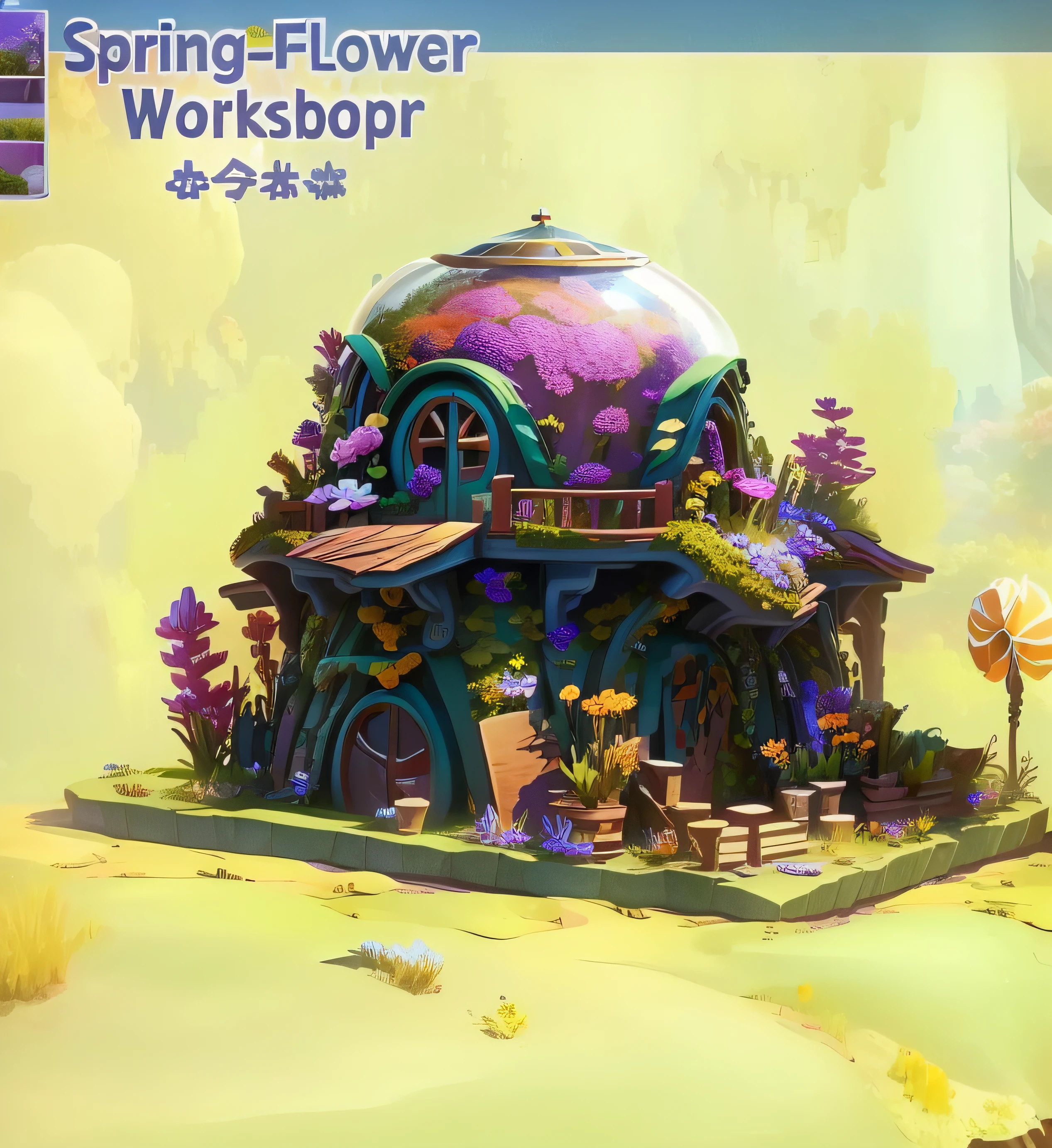 Close-up of a dollhouse,There is a florist in front, flower shop scene, workshop, in bloom greenhouse, flower, the flower tower, flowery cottage, spring season city, Middle Metaverse, The roof is a huge circular glass cover,There are a lot of flowers in the hood, , By senior artists, Flower garden,The feeling of spring,The house is on green meadow,Sea view in the distance
