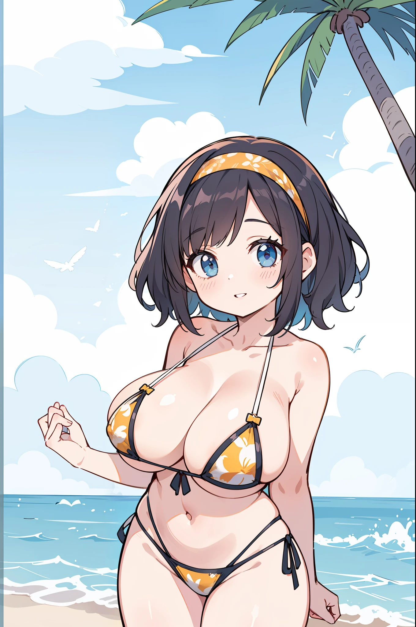 beautiful young woman with perfectly huge breasts and big gorgeous eyes, perfect slim thick body, short curly hair, hairband, intricate printed micro bikini, playing at the beach, tropical island, happy, soft smile, parted lips, perfect face, soft tones, atmospheric, clean lines, intricate, hyperdetailed, realism, 8k