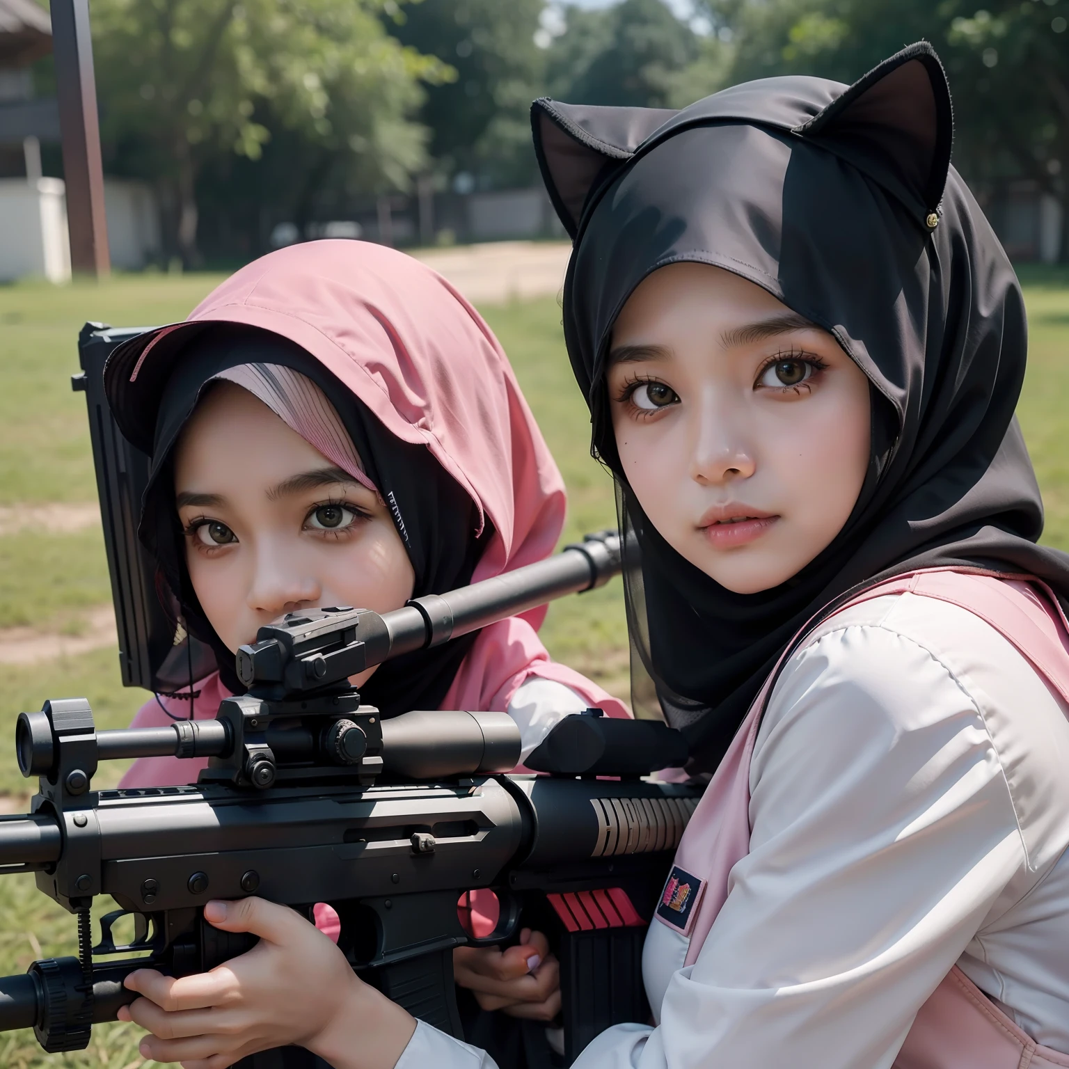 best quality , masterpiece, 4 malay females, malaysian, mira filzah face, cute malay girls with assault rifles in a battle field wearing hijab, in full set of swat armor, kawaii, cute clothes, detailed face, holding gun, assault rifle, military uniform, ((aiming gun at viewer)), depth of field, angry looking, pink hijab,, cat ears