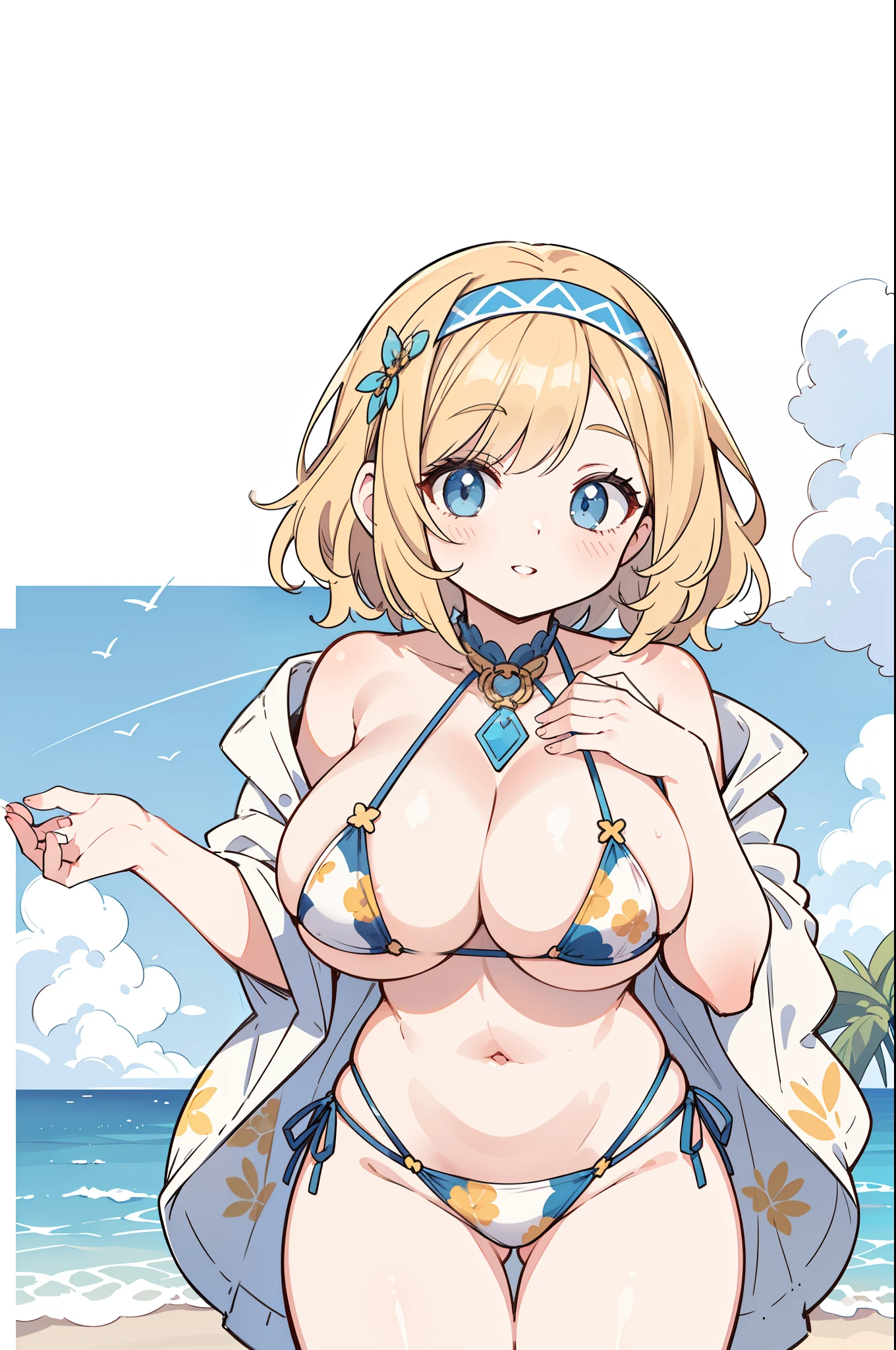 beautiful young woman with perfectly huge breasts and big gorgeous eyes, perfect slim thick body, short curly hair, hairband, intricate printed micro bikini, playing at the beach, tropical island, happy, soft smile, parted lips, perfect face, soft tones, atmospheric, clean lines, intricate, hyperdetailed, realism, 8k