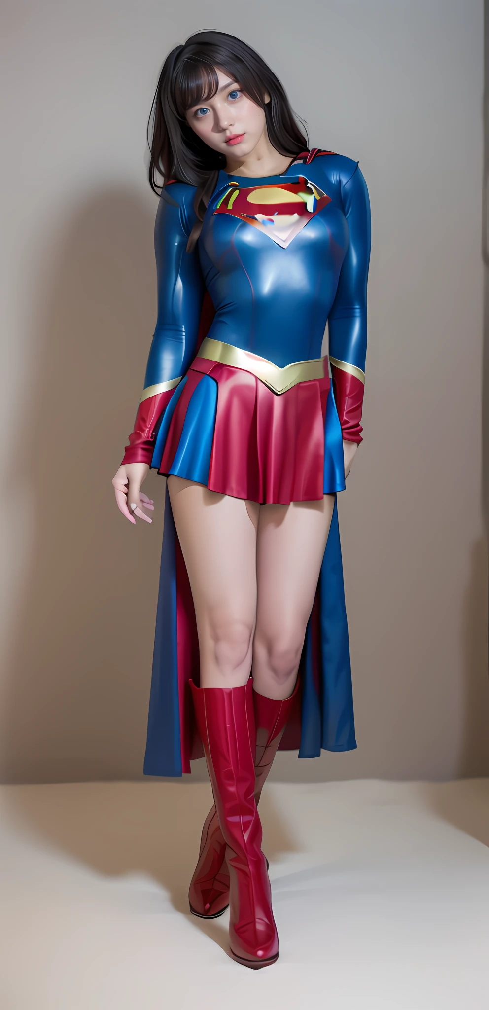 woman posing for a photo、(super girl_Cosplay_outfit:1.Wearing 3)、Mini_Skirt、 Good Hand、4K、hight resolution、masterpiece、top-quality、Supergirl Blue Costume、I'm wearing stockings