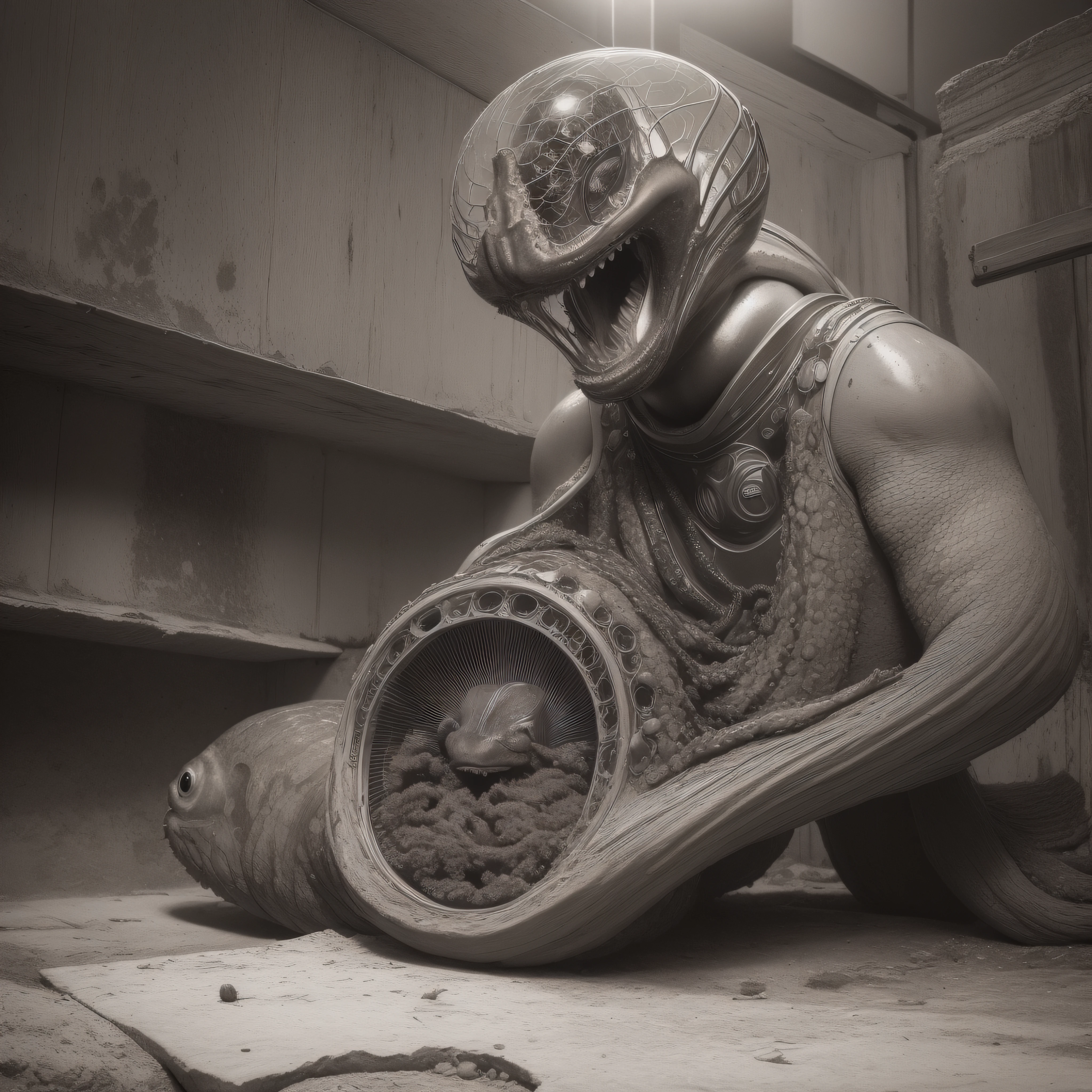 (extremadamente detallado, obra maestra, La mejor calidad), Estilo oscuro, intense illumination, rostro con arrugas, lengua larga, tentacle, deforme, monstruoso, interior de una piscina de agua verdosa, imagen submarina, alien con Colmillos finos, pico de pulpo amenazante. manchas de tinta. Rococo composition. Luz de caravaggio