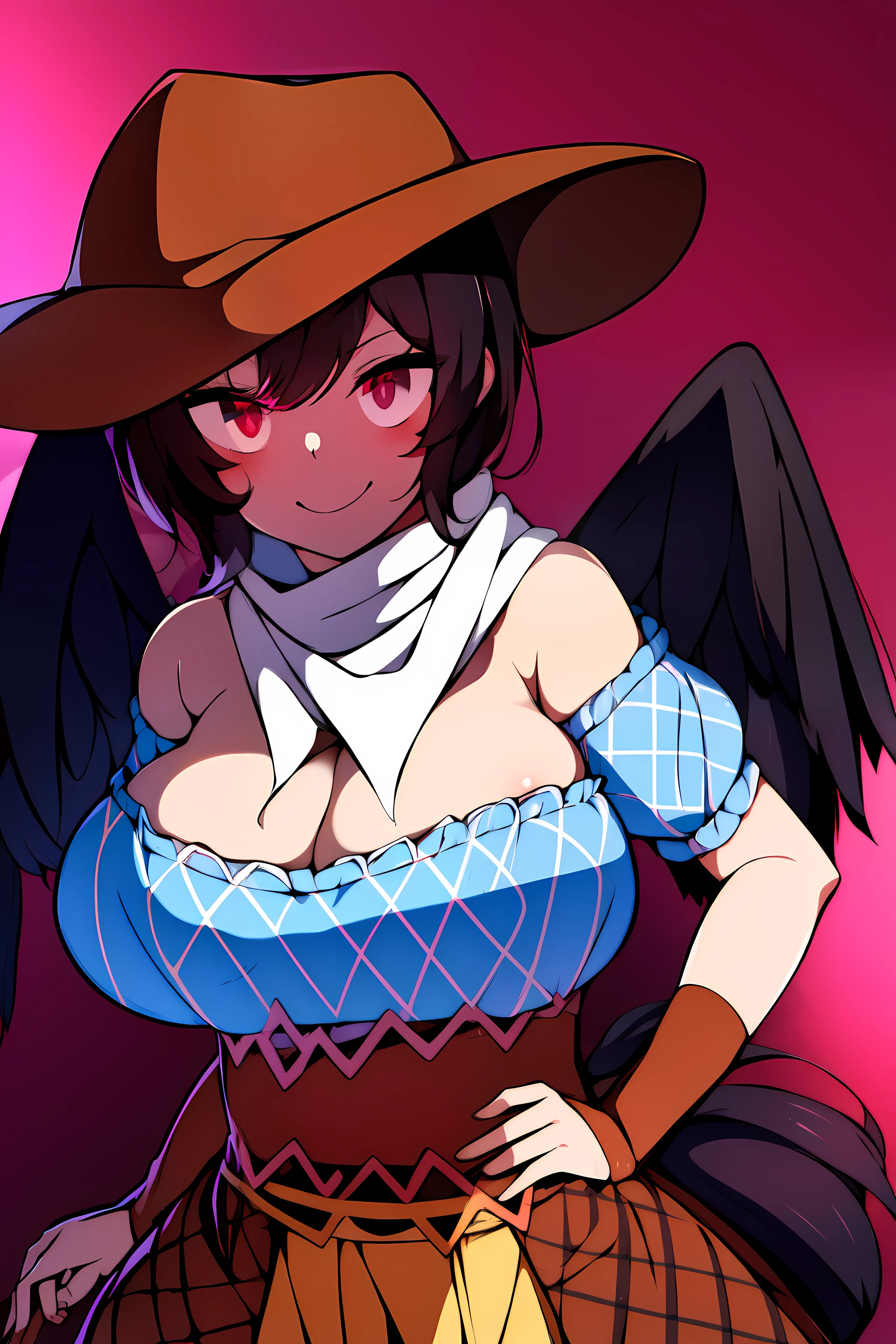 (masterpiece),best quality, expressive eyes, perfect face, 1girl,
big breast, H-cup, good breast, beautiful, gorgeous,anime,girl,lora, floating clothes, tent chest ,
 nipple visible  though clothes,Saki Kurokoma,
red eyes,
black hair,
short hair,
long ponytail,
black wings,
black horse tail,
brown cowboy hat,
brown boots,
light blue plaid shirt,
light pink shirt,
brown plaid skirt,
light orange skirt,
shoulders,
white bandana tied around neck,hands on waist, hands on hips,crazy smile,yameroyandere,yandere,crazy eyes,dark,glowing eyes,shaded face,empty eyes