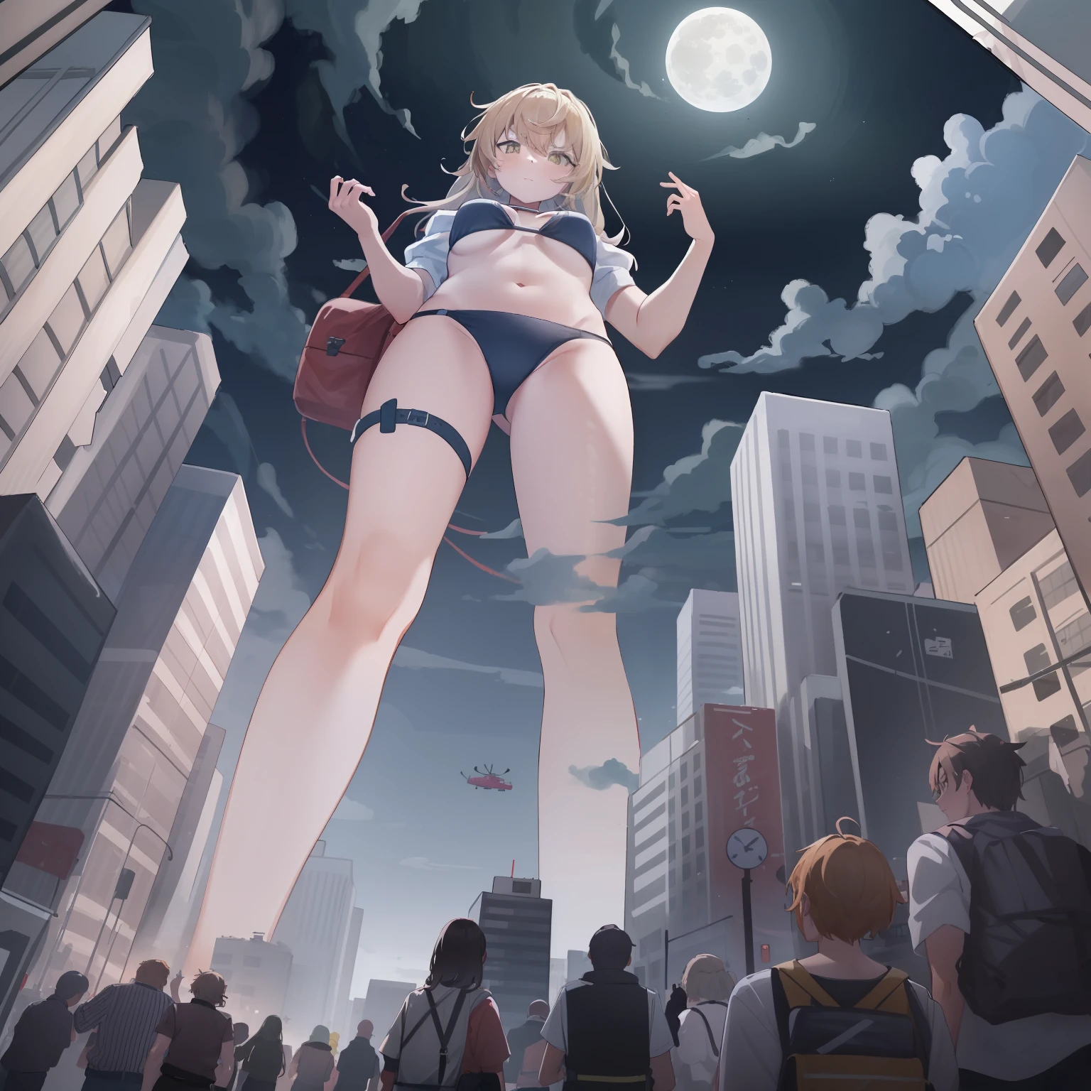 ,(masterpiece:1.1),[Enchanting, Ruined City, Night, On Top of a Crumbled Skyscraper, Slender, Dark Red Skin, Small Breasts, Yellow-Green Eyes, Long White Hair, bikini, Sultry Stare, Illuminated by the Moon.], , , ,[cga colored lighting, raytracing, HDR], extreme size difference, crowded street, car, helicopter, plane, (a person standing on giantess hand:1.6), multiple girls, (looming, from below, GTS, obstucted behind buildings:1.4), upper body only, rubble, ruins, , stepping on shrunken building, crowd running in fear