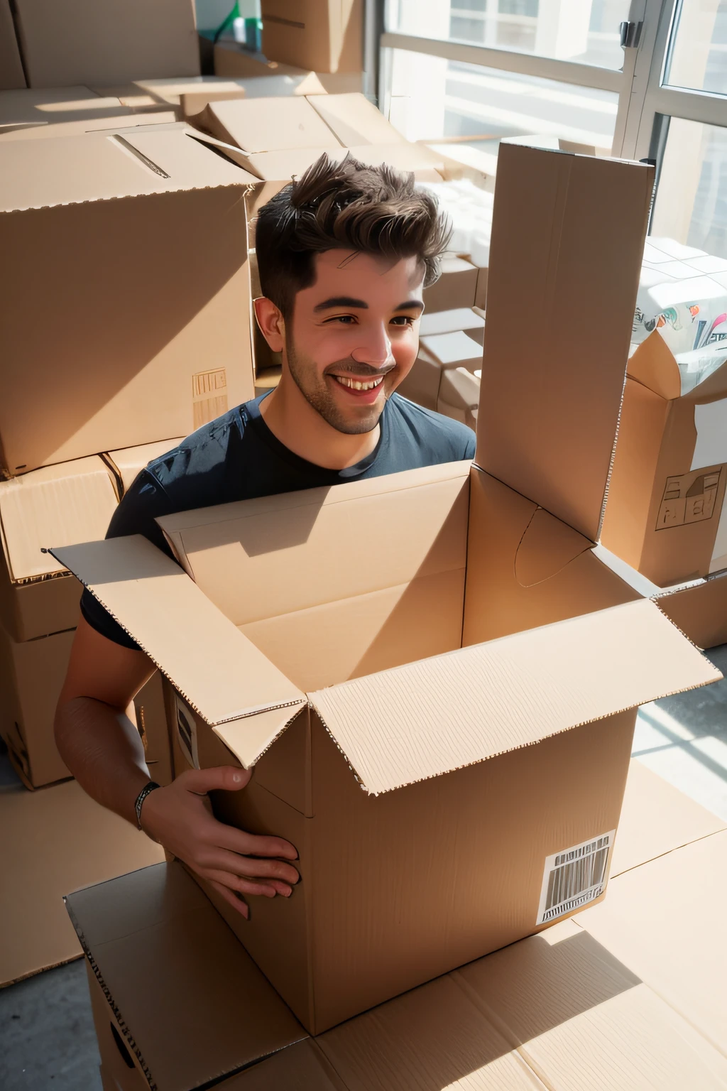 American man holding a cardboard box，In a warehouse with many pallet shelves,  big laughter, People find happiness,