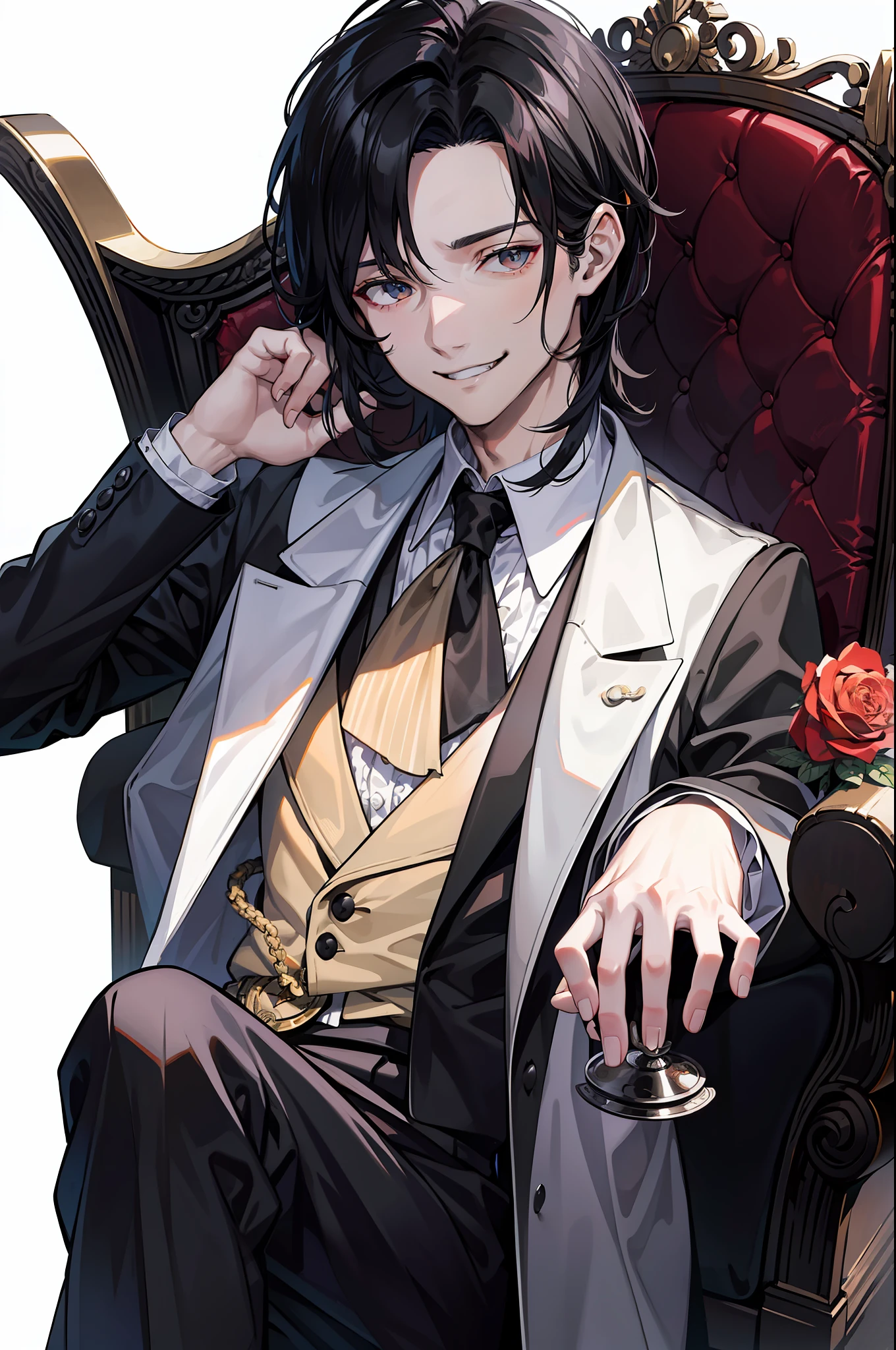 masterpiece, highlydetailed, (the godfather), sinister smile, (white background)(1 character), (black hair), (disheveled hair), (handsome), (elegant), (heterochromia:0.5), (silver right eye:0.7), (golden left eye:0.3)