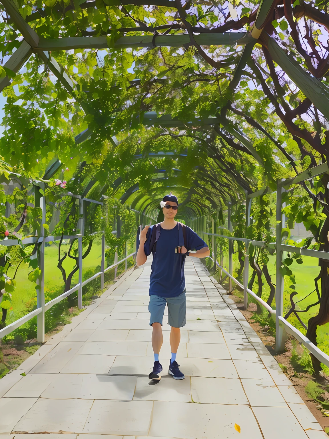 There was a man standing on the sidewalk,Trees in the background, standing in a botanical garden, standing in an apple orchard, In Park, walking at the garden, Stand in the tunnel, vine covered, on the garden, with a few vines and overgrowth, On a sunny day, wideangle portrait, park in background, covered in vines, wide angle photo
