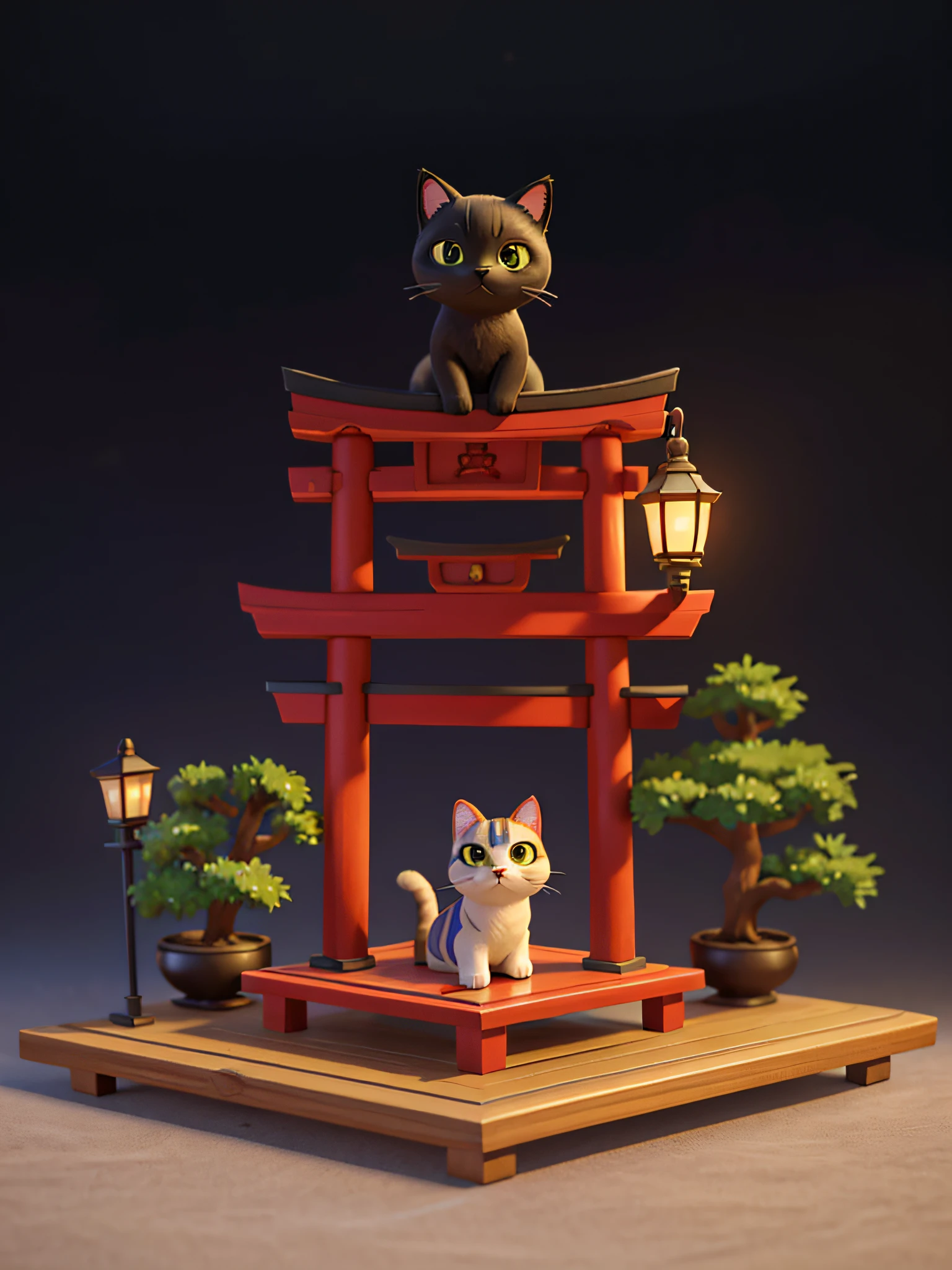 cat,cute cat,one body,one head,singl face,toy,vignette figure,whole body、1 cat、Very cute cat figure、Ultra Precise Cat Figure、Deformed cat、Sparkling eyes、Cat whole body、Output image quality（add detail、The ultra -The high-definition、Masterpiece、hight resolution、8K、Award-winning works）、(intricate-detail、ultra-detailliert:1.2)、Cinematic Shots、vignettes、central、japanic style、pure Japanese style、japanese aesthetic、Traditional Japan culture、Vermilion torii gate、Stone approach、pine trees、willow trees、Bonsai in Japanese style、black cat、Chic impression、Muted shades、gentle shades、Attractive composition、Attractive lighting、depth of fields、diorama