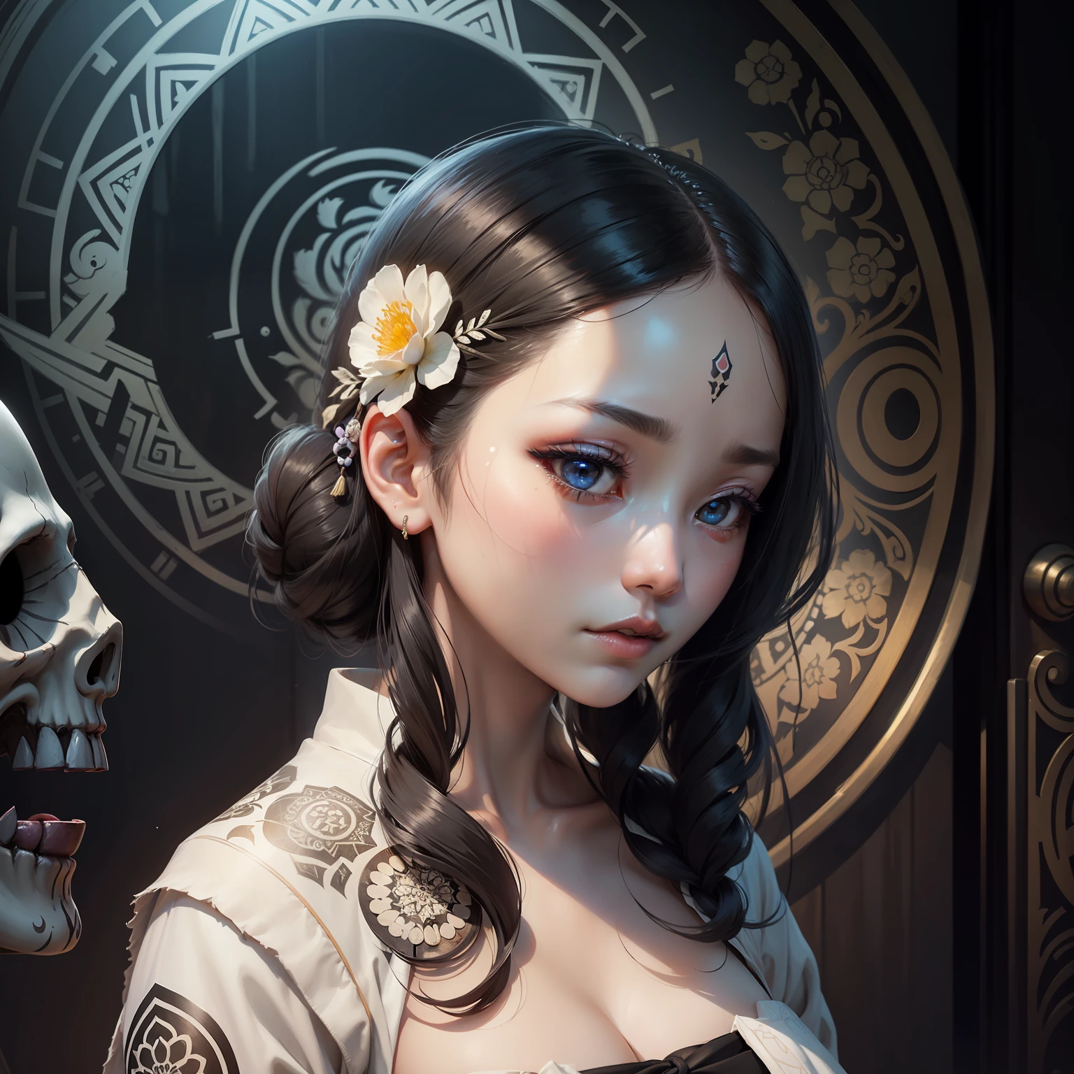 In a different world where mandala murals spread、A beautiful woman in Japanese clothes appeared。She is dressed in pure white.、Beautiful contrast between clear white skin and black hair、It was like a swan。 however、As if to overshadow its beauty、There was a skull element on part of her face。On her right cheek、It is carved with a pattern like the eyes and nose of the skull.、It's an eerie atmosphere。 She showed her profile、His eyes seemed to look far away.。In its expression、Melancholy and sadness ooze.、It made me feel the inner world of her strong will。 In the background、There are geometric patterns like mandala paintings and Buddhist symbols.、A mysterious space spreads out。 This art is、Beauty and creepiness、And it expresses a mysterious worldview that fuses mystique..。Open the door to an untouchable otherworld、You will be able to feel the mystery of the world。Strong elements of aging science fiction。Colorful and horror。profile。Detailed and meticulously drawn。3D Art。android。
