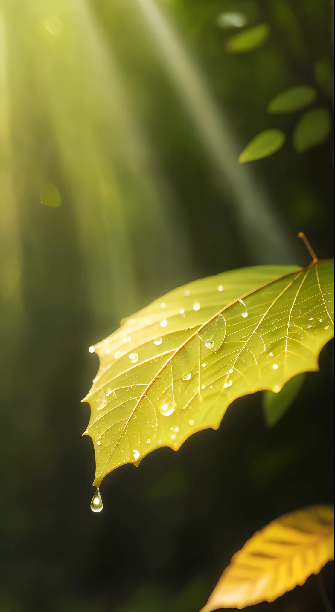 Arafeid leaves with water drops in the forest, rays of life, Detailed natural lighting, forest ray light, some sun light ray, low angle 8k hd nature photo, after rainny, Light rain, beautiful natural backlight, sunlight shining through the leaves, brightened light, some sunlight ray, Sharp sunlight illumination, forest details