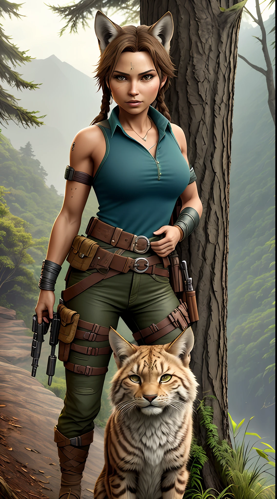 (beste-Qualit), (tmasterpiece), (Detailed:1.4), lara croft, adventurer, female lynx, anthro, cat ears, fangs, Happy Eyes, Anthropomorphic body, bandaged ankles, standing seductively, dynamicpose, берцы, Military style, detailed lighting, Fluffy lynx fur, Detailed fur, ssmile, Cinematic lighting, (detailed forest background, water fall, Hills, a tree), wide angle view, (higher wildlife feral detail),  ocean view and beach, Realistic Proportion, photo-realistic, realistic hands, 64K HD, wide dynamic range, HDR,