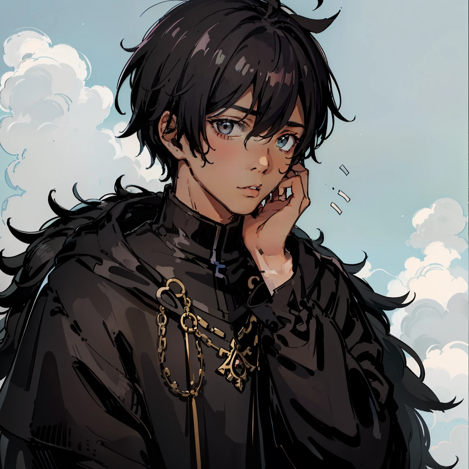 of a guy,black color hair,sigh,Ugly complexion,The background is a patch of sky