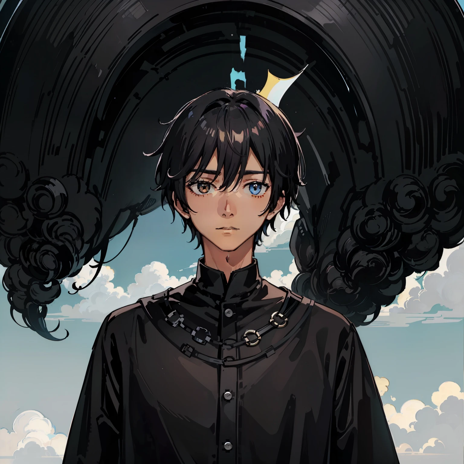 of a guy,black color hair,sigh,Ugly complexion,The background is a patch of sky