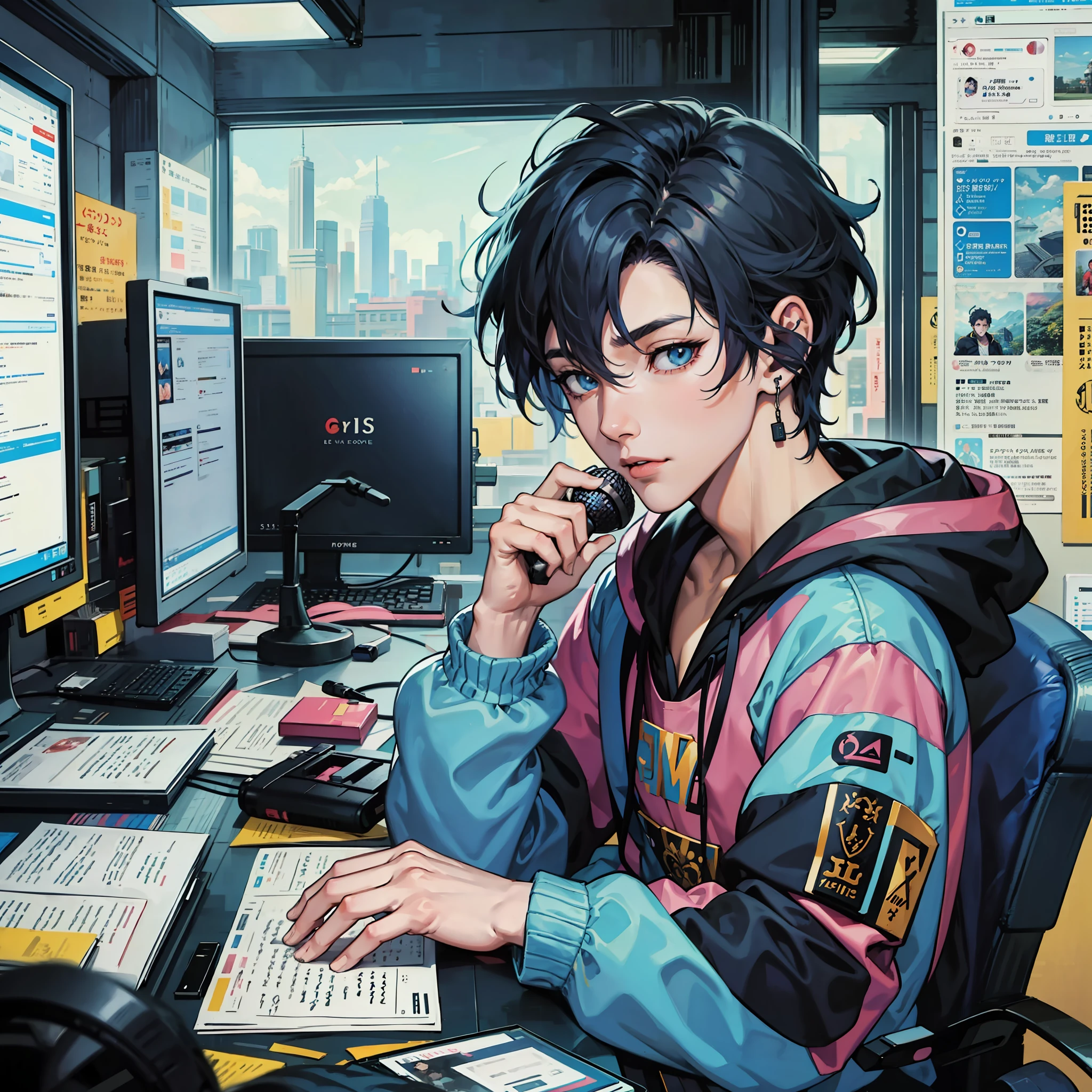 Anime boy calls to talk, ig studios anime style, nightcore, style of anime4 K, High quality anime art style, Anime boy, young anime man, Anime art style, Digital anime illustration, Anime style. 8K, in an anime style, male anime character, Kawasi,best qualtiy:1.0),(超高分辨率:1.0),Anime boys,with short black hair,blue color eyes,sitting in front of the computer,Speak into the microphone,The background is in the esports room,Earphone,The head is close to the microphone,8K,Faraway view