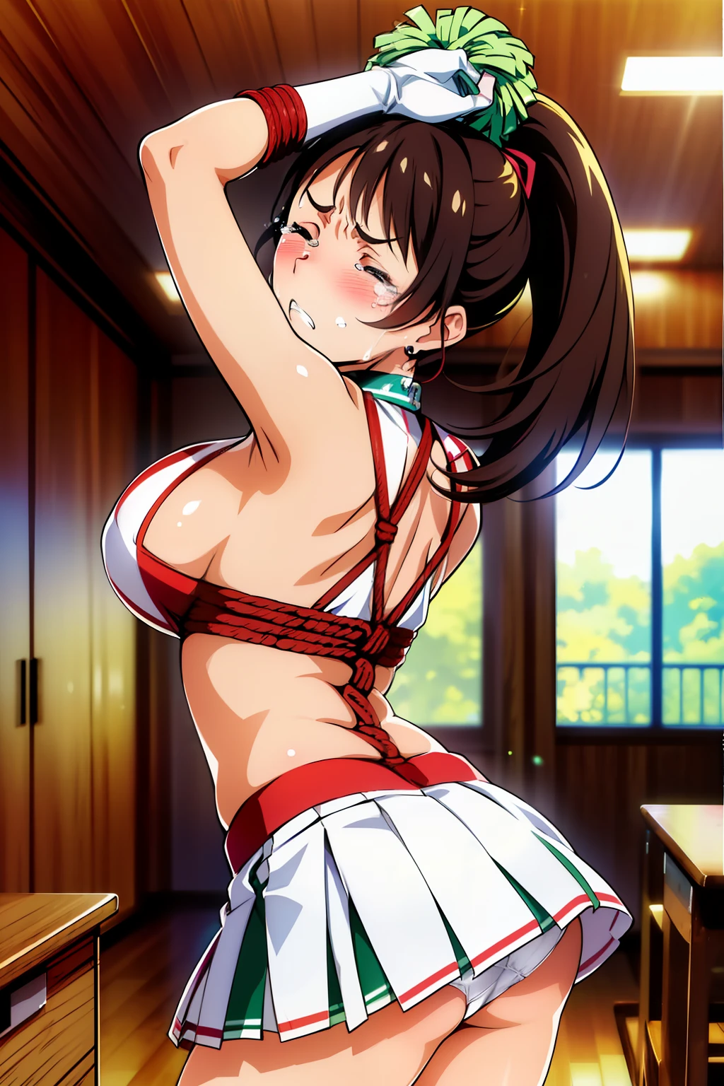 katouhdshort, katou megumi,cel anime,official art,(cowboy shot:1.3),central framing,centered in frame,(day), classroom,(back shot,ass,butt up,back view,ass,butt up,from miniskirt,from behind,upskirt from behind,ass view from behind miniskirt:1.2),(from very below from behind,ceiling:1.3), (cute cheerleader uniform costume, cute super short box_pleated_miniskirt ,sexy_frilled_white_panties,sexy bare thigh:1.3),slender body,thin body,brown eyes, ponytail, short hair,black hair, bangs,  (rope shibari over the clothes:1.4),arms behind head,bow, cute sneakers, choker, white gloves, choker, elbow gloves, jewelry, earrings, (standing on one leg, leg lift, standing split to show panties,:1.2), looking back,
1 girl, 18yo,Young female,Beautiful Finger,Beautiful long legs,Beautiful body,Beautiful Nose,Beautiful character design, perfect eyes, perfect face,
(frown,shame,embarrassed,anger,troubled eyebrows,crying,closed eyes tightly, closed mouth,clenching teeth,full face blushing,:1.3),(Beautiful,large_Breasts,natural pointy tits:1.2), (beautiful_face:1.5),(narrow_waist),panties,cameltoe, erotic,
NSFW,extremely detailed CG unity 8k wallpaper, perfect lighting,Colorful, Bright_Front_face_Lighting,
(masterpiece:1.0),(best_quality:1.0), ultra high res,4K,ultra-detailed,
photography, 8K, HDR, highres, absurdres:1.2, Kodak portra 400, film grain, blurry background, bokeh:1.2, lens flare, (vibrant_color:1.2),