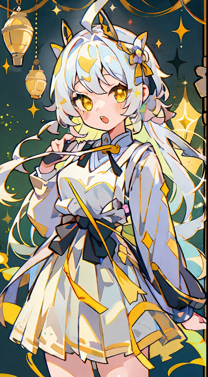 skirt by the、One girl、校服、white  hair、Twin-tailed、black ribbon on the head、yellow  eyes、Glitter、kirakira、beautidful eyes、Beautiful eyes、​masterpiece、Top image quality、top-quality、double tooth、cute little、stele、Pop backgrounds、Standing picture、full body Esbian、