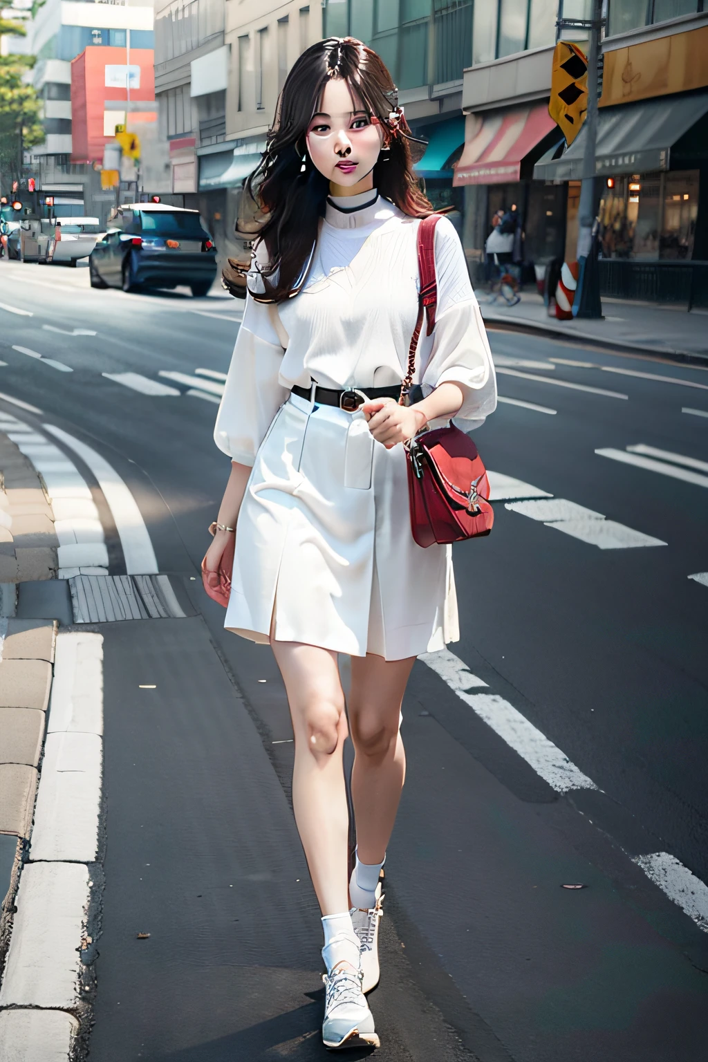 A woman walks frontally on a road on white background,Wear different fashion outfits,looking to the camera,Full body photo,summertime