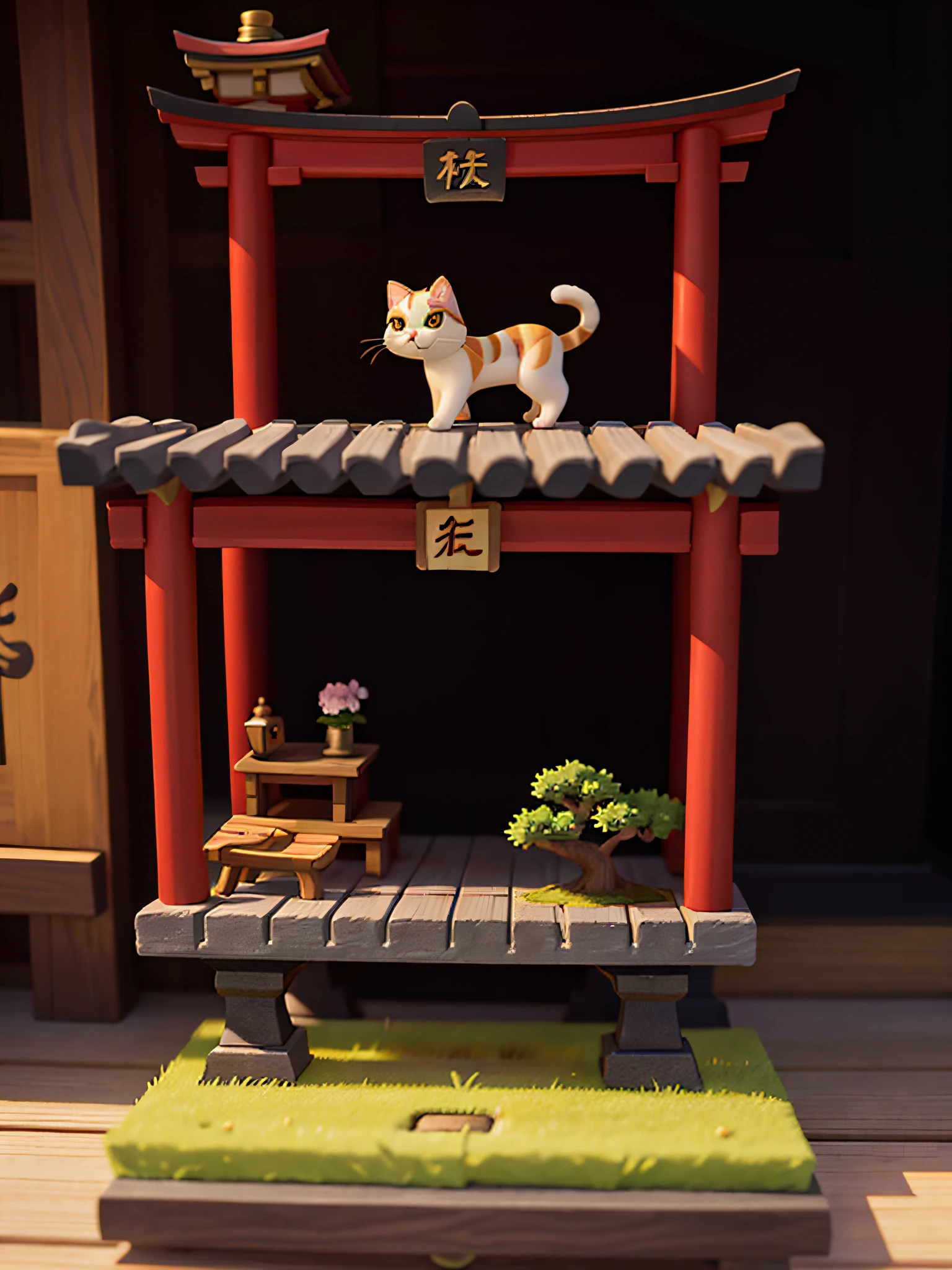 cat,cute cat,one body,one head,singl face,toy,vignette figure,whole body、1 cat、Very cute cat figure、Ultra Precise Cat Figure、Deformed cat、Sparkling eyes、Cat whole body、Output image quality(add detail、The ultra -The high-definition、Masterpiece、hight resolution、8K、Award-winning works)、(intricate-detail、ultra-detailliert:1.2)、Cinematic Shots、vignettes、central、japanic style、pure Japanese style、japanese aesthetic、Traditional Japan culture、Vermilion torii gate、Stone approach、pine trees、willow trees、Bonsai in Japanese style、black cat、Chic impression、Muted shades、gentle shades、Attractive composition、Attractive lighting、depth of fields、diorama