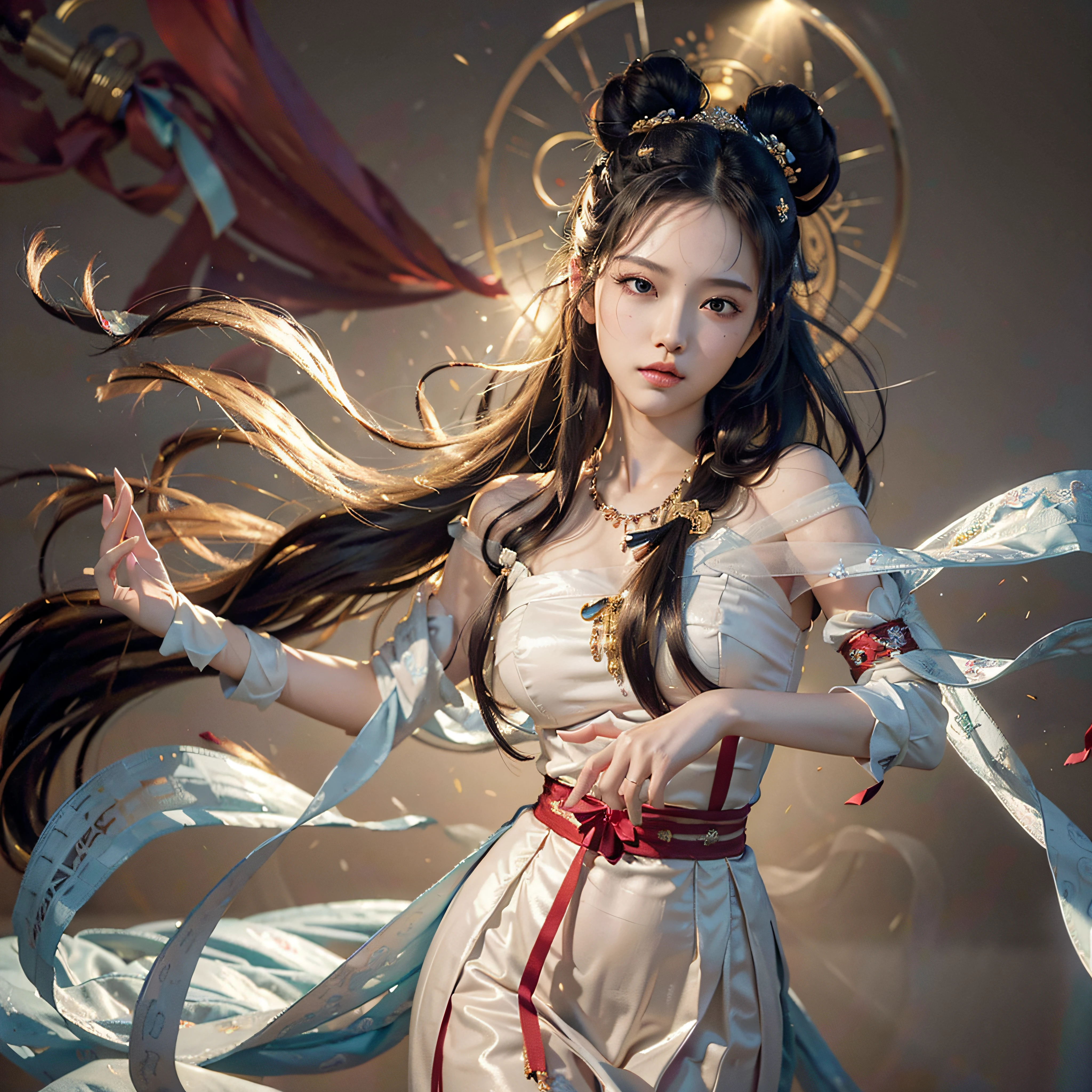 8k, RAW photo, best quality, masterpiece:1.2), (realistic, photo photofidelity:1.4), (very detailed CG Unity 8k wallpaper), a girl, beautiful face, long hair, gradient hair, very detailed, real skin, mature woman, (milf: 1.5), (solo), (long floating hair), jewelry in hair, very detailed, (dancing: 1.4), (floating ribbon: 1.6), wind, (style swirl magic: 1.1) , dreamy, spectacular, (fog: 1.4), solo, right human body, ((right hand mechanism)), clear fingers, five fingers, Buddhist totem background, murals, beauty map, beautiful face, clear facial features, very detailed, high detail, full body