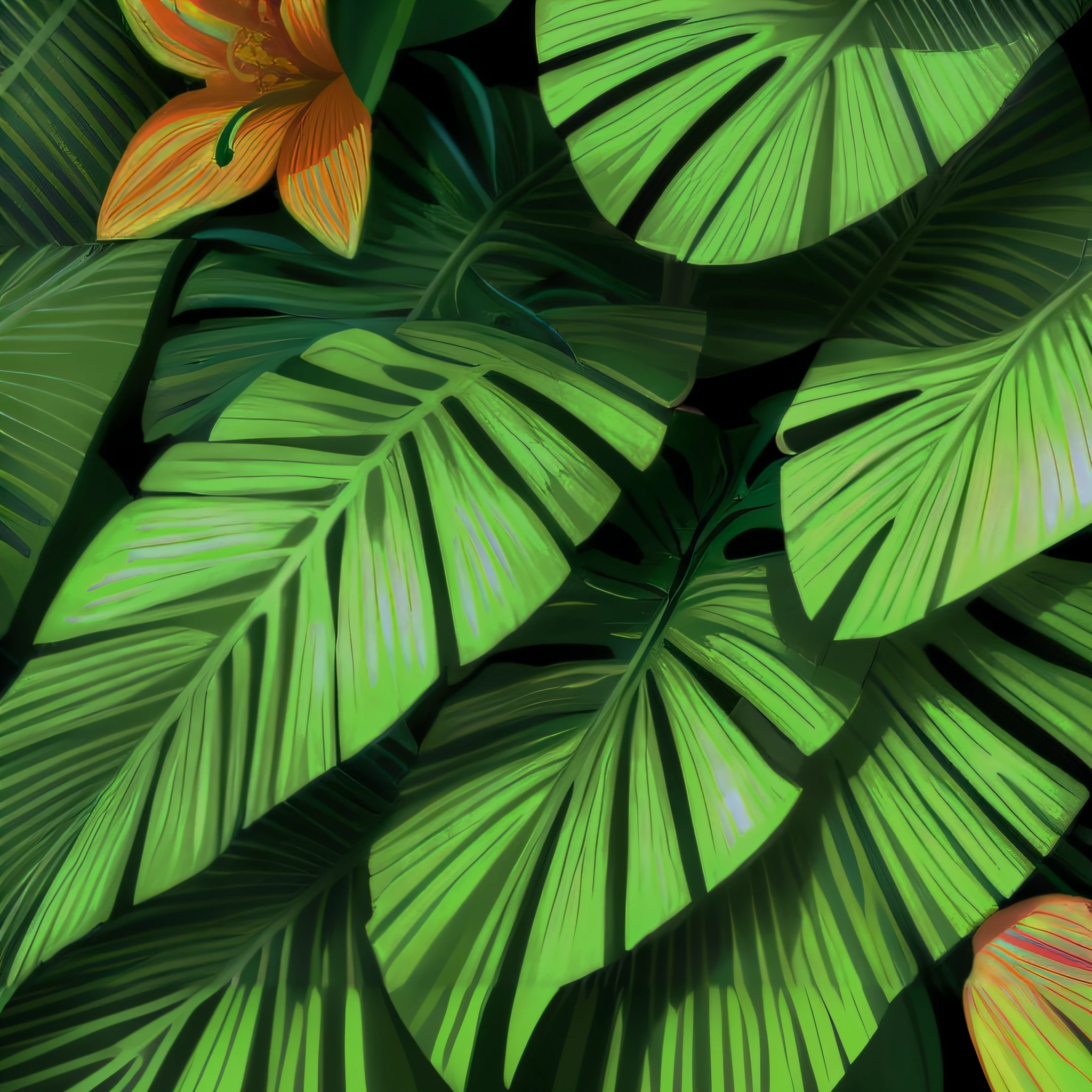 There are many leaves and flowers of different colors in this photo, tropical foliage, Tropical leaves, Lush foliage, Tropical plants, background artwork, tropical background, lush garden leaves and flowers, botanic foliage, plants and jungle, tropical jungle, tropical, high detail digital painting, lush foliage cyberpunk, background jungle, tropical flowers, tropical atmosphere, Detailed digital painting, colorful tropical plants