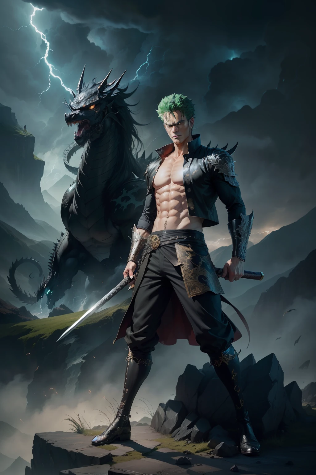 Roronoa Zoro (One Piece) standing on a mountain top, black dragon [(swirling:1.1), (majestic:1.3)] behind him with a stormy sky, lightning illuminating the scene, detailed clothing and armor with metallic finish, (realistic art style:1.4) inspired by classical oil paintings, strong shadows and highlights, intensity in the facial expression and body language, (contrast with dark background:1.2).