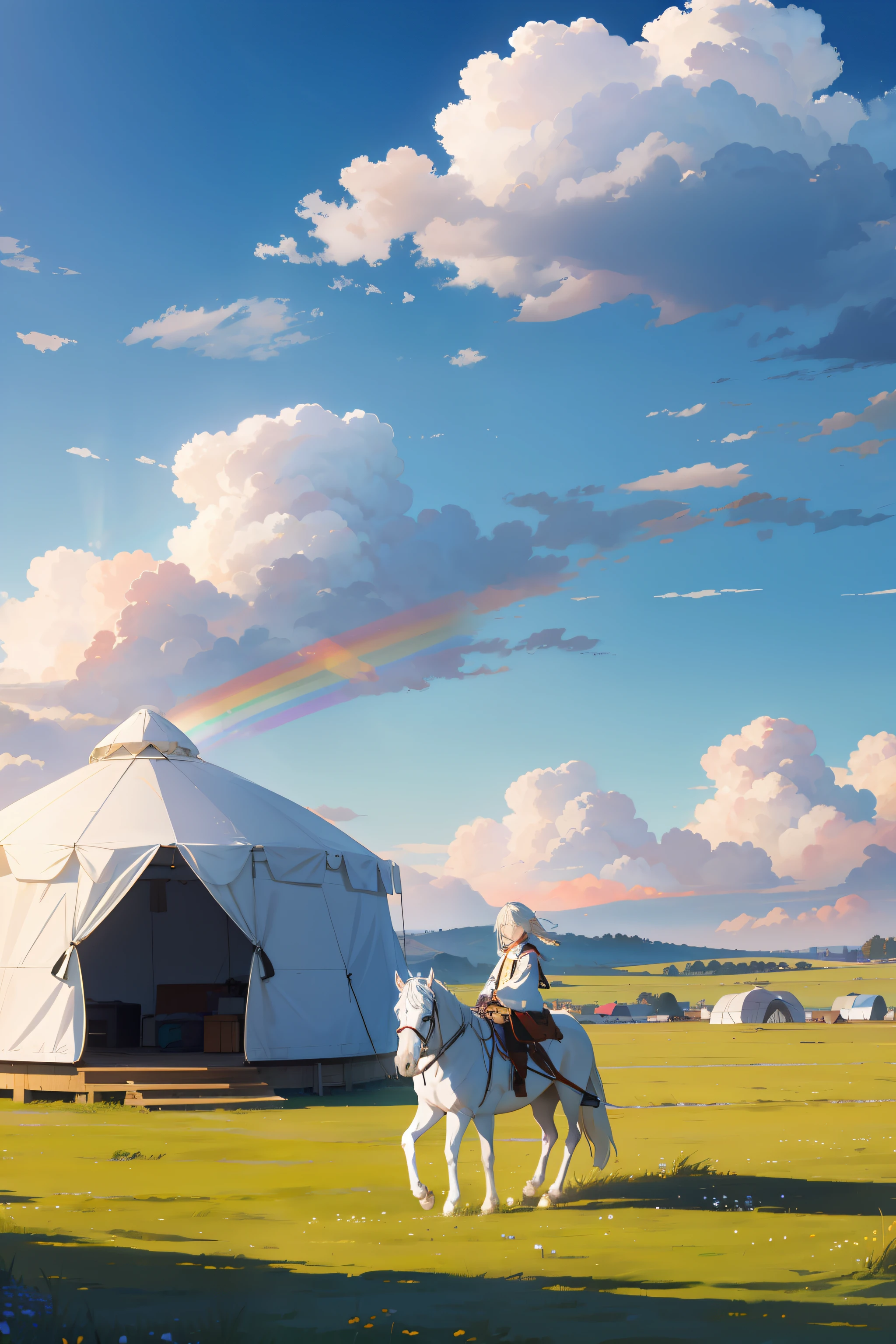 Endless grasslands，sunny clear sky，Rainbow light，beautiful cloud，White yurt，In the distance, a young girl on a white horse smiled，Quality details，high-definition picture quality