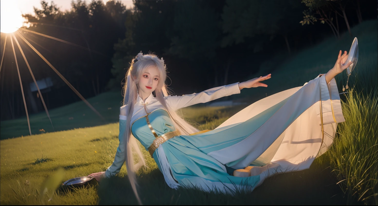 Kizi,exteriors,silber hair,Green grasslands,cinematric light,chase,the setting sun,rays of moonlight,Flashlight