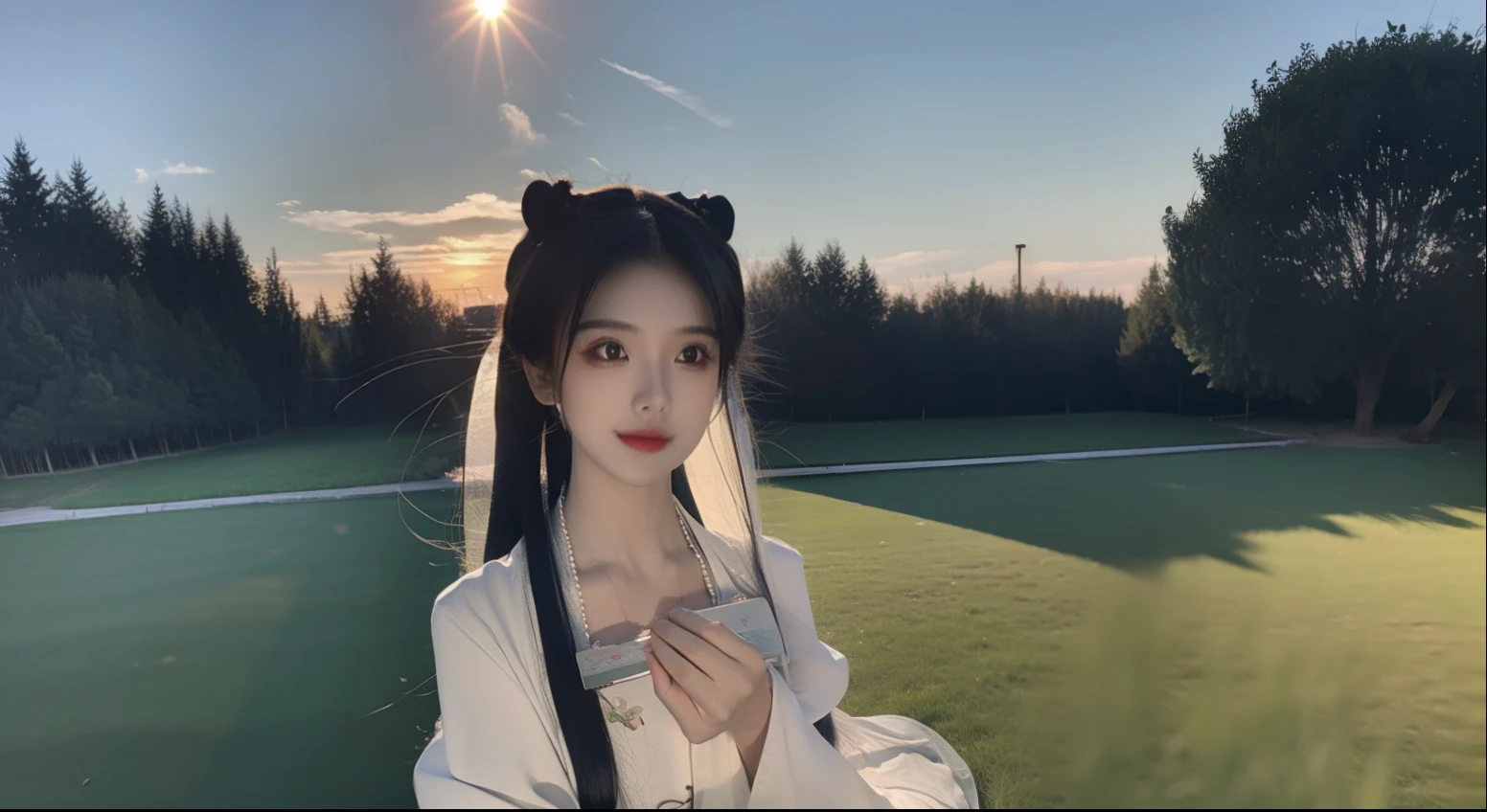 Kizi,exteriors,silber hair,Green grasslands,cinematric light,chase,the setting sun,rays of moonlight,Flashlight