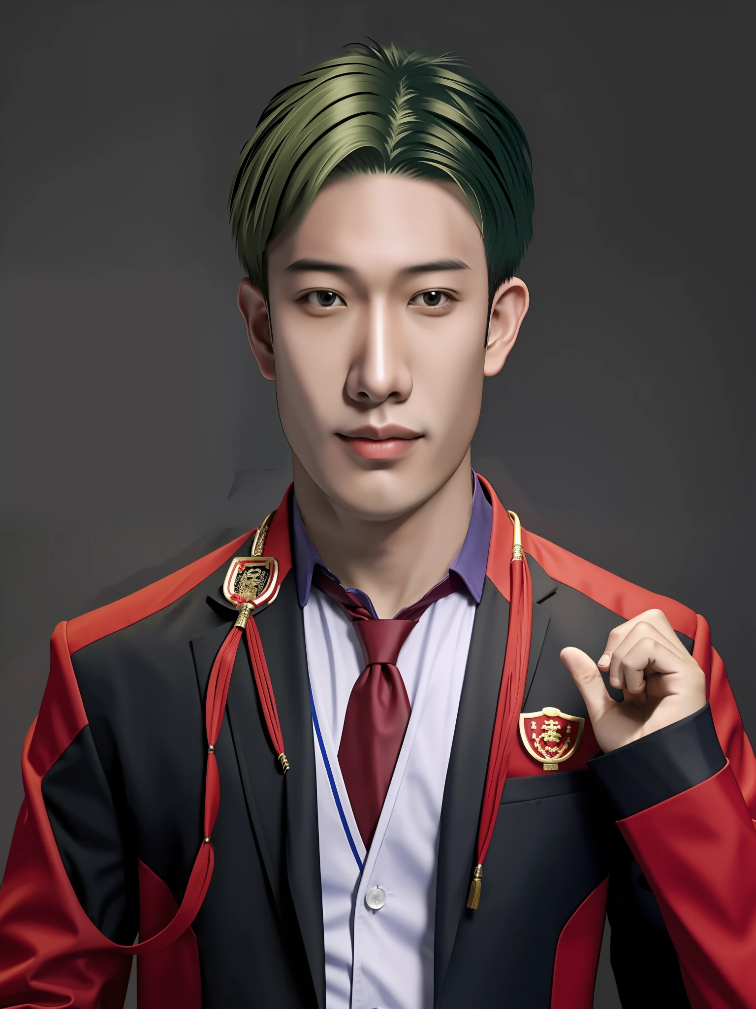 A Chinese male high school student，PVC red school uniform，