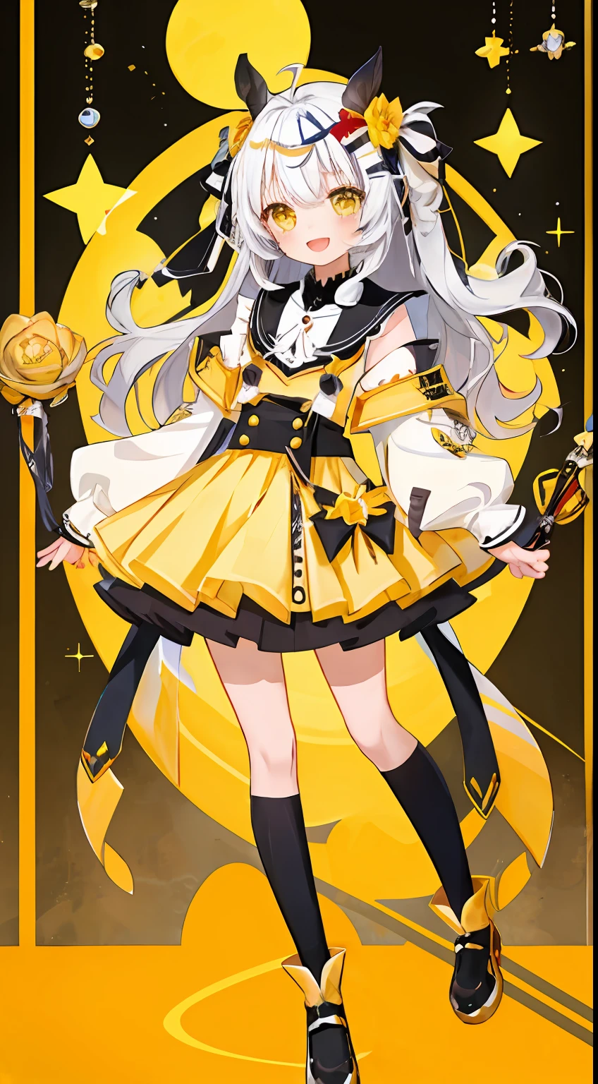 skirt by the、One girl、校服、laugh、a smile、white  hair、Twin-tailed、black ribbon on the head、yellow  eyes、Glitter、kirakira、beautidful eyes、Beautiful eyes、​masterpiece、Top image quality、top-quality、double tooth、cute little、stele、Pop backgrounds、Standing picture、full body Esbian、