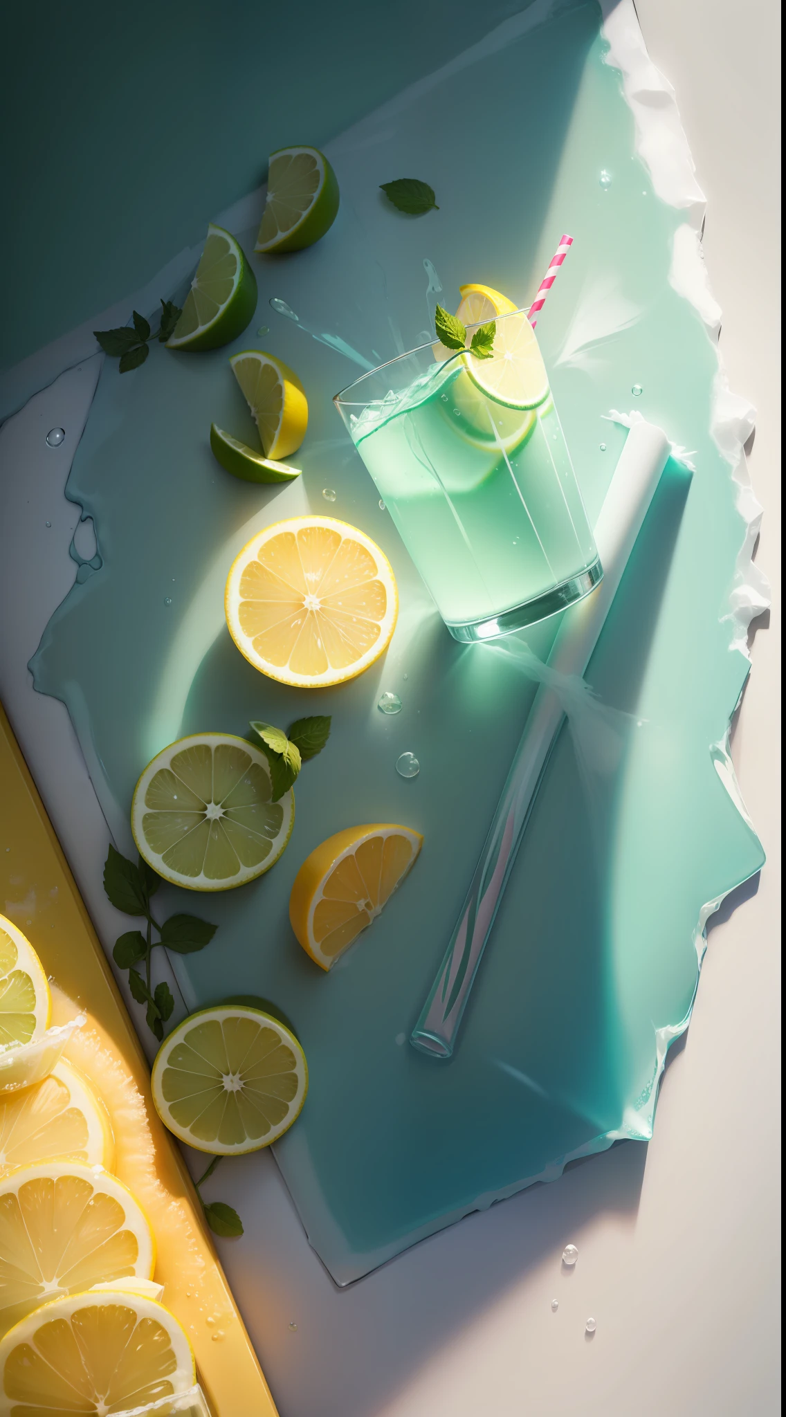 Lemonade,ice cubes,Cool tones,Cool,freshen,mint,Color matching,Summer style,Realisticstyle,super detailing,Super refined,The upper third is left blank,Green series,Poster 12k --ar 2:3 --s 50