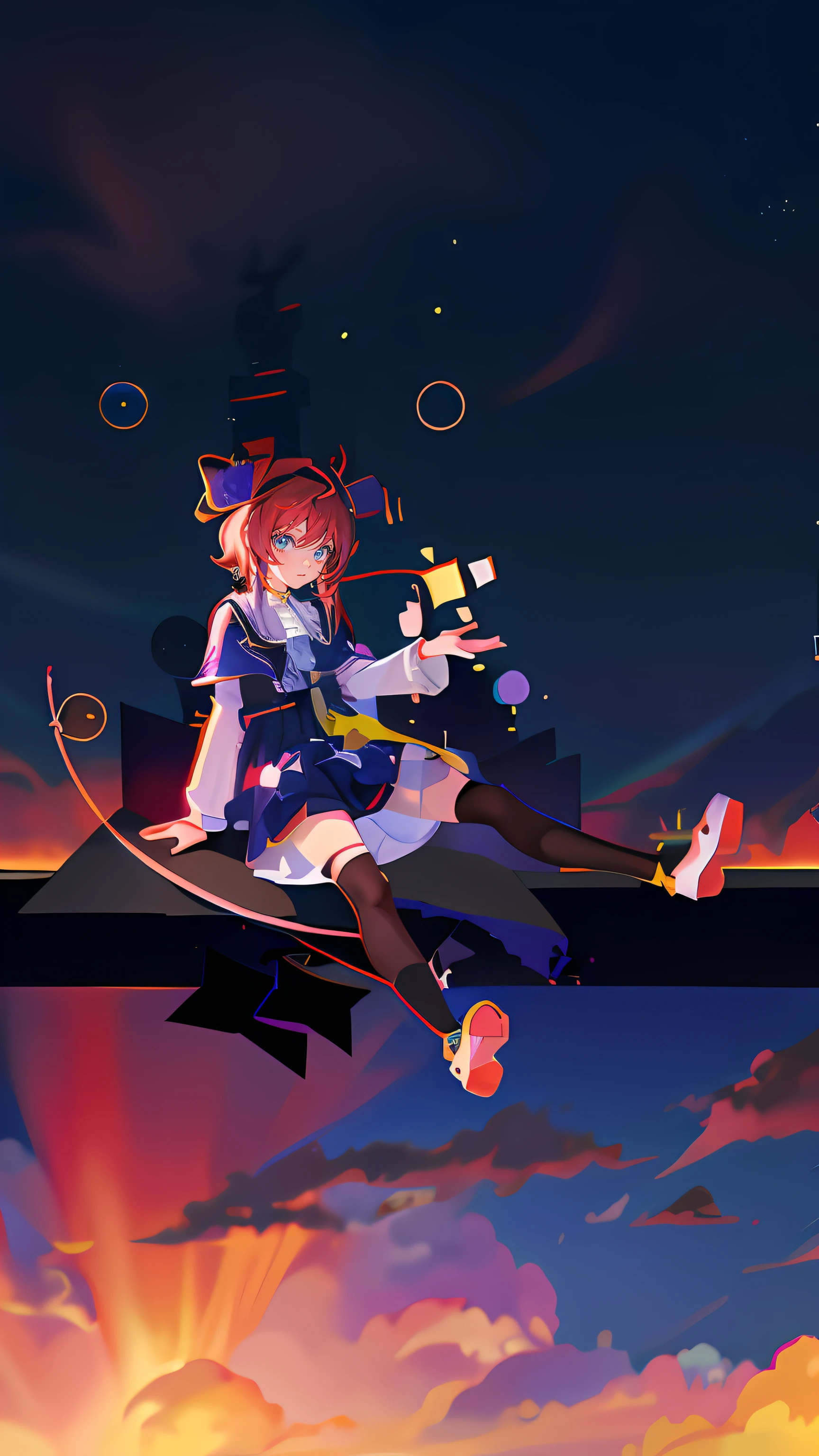 Anime girl sitting on stars on black background, Anime moe art style, anime styled 3d, Anime style. 8K, High quality anime art style, live2d virtual youtuber model, Anime Stylization, Stylized anime, style of anime4 K, [ Digital art ]!!, Pixiv style, Digital art on Pixiv, author：Shitao