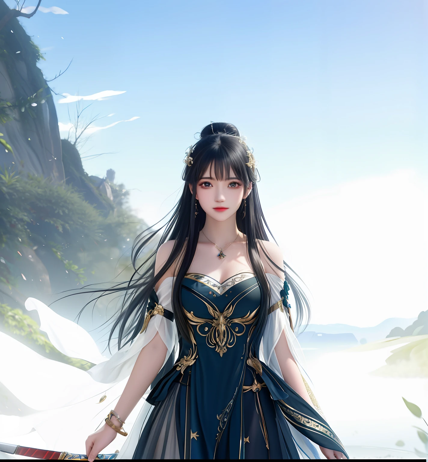 Best quality，tmasterpiece，A high resolution，CG，
1girll，arma，The sword，long whitr hair，shift dresses，Eau，独奏，jewely，black color dress，耳Nipple Ring，hair adornments，spatter，The upper part of the body，hair-bun，brunette color hair，
illuminating，Frankness，photore，A high resolution，4K，8K，Bokeh，