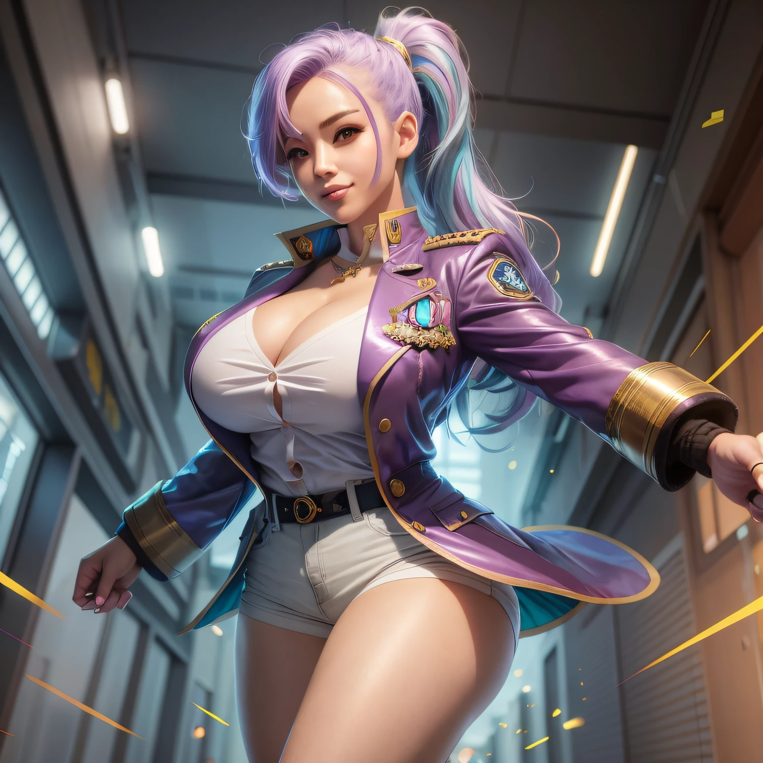 Anime girl with purple hair and purple jacket poses in hallway, Very detailed ArtGerm hahaha, ig model | ArtGerm, Style ArtGerm, cushart krenz key art feminine, artgerm julie bell beeple, cool smile、ross tran style, ross tran 8 k, in the style artgerm, ArtStation Pixiv ArtGerm