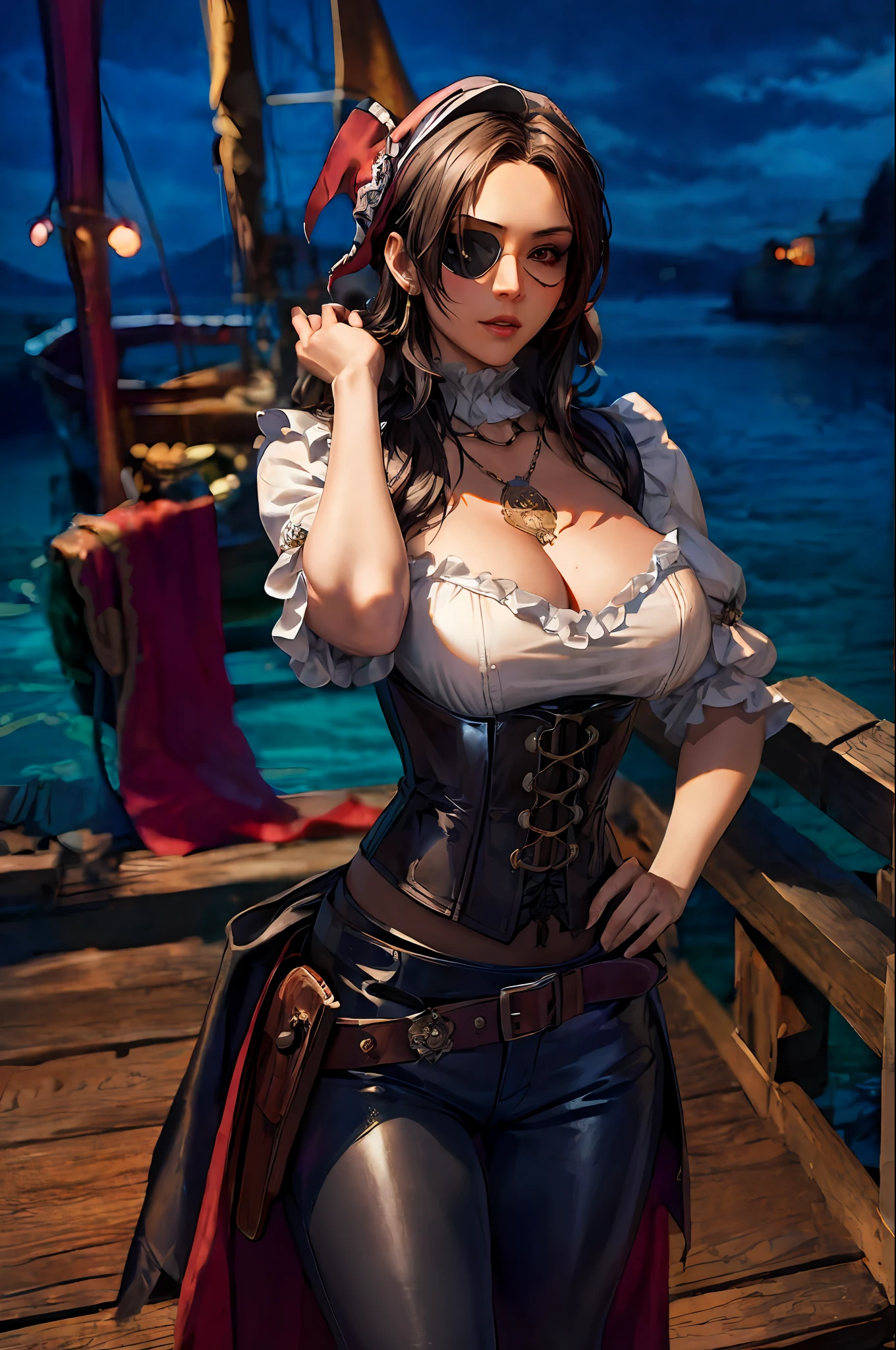 a female pirate with a sexy body figure, (Pirate:1.25),  hunting, medieval theme,  ((MILF)), fierce look, dynamic poses, dynamic angle shot, from below, from above, flowing hair,
(((masterpiece))),  ((best quality)), ((intricate detailed)), ((Hyperrealistic)), a sexy woman with pirates attributes cloths,  (huge breast), pirate bandana, jewelry, necklace, ((eye patch)), pirate white  medieval shirt with ruffle collar and ruffle sleeve, pirate waist sash, corset , leather pants , belt, dark skin, long dress, gun holster,  , perspective, highly detailed, illustration, 1 girl, perfect hands, detailed fingers, beautiful detailed eyes, black hair, long hair  (fantasy:1.2), abstract background, pirate ship , dock at night ,fierce look, looking at the viewer, from the front,