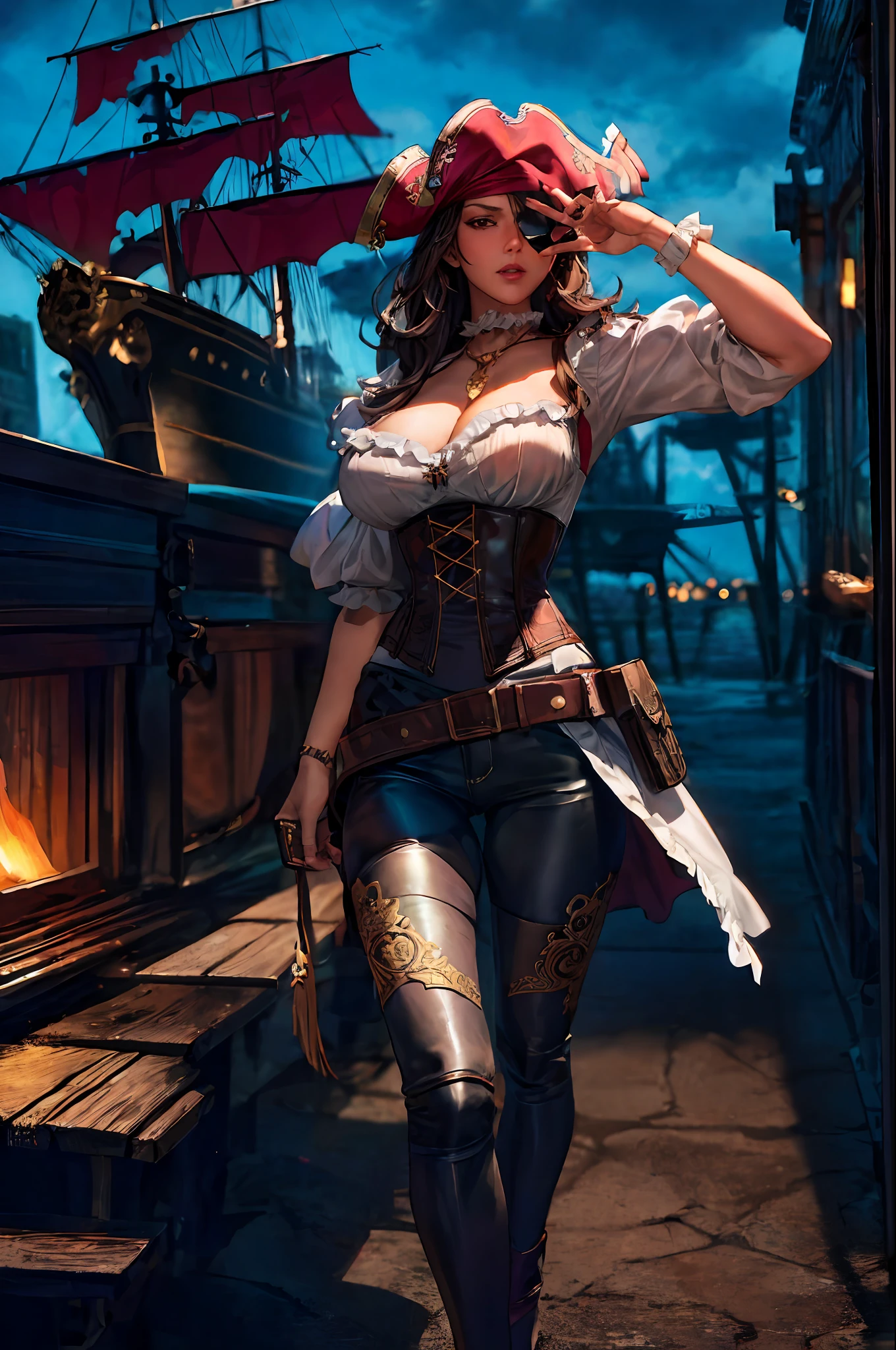 a female pirate with a sexy body figure, (Pirate:1.25),  hunting, medieval theme,  ((MILF)), fierce look, dynamic poses, dynamic angle shot, from below, from above, flowing hair,
(((masterpiece))),  ((best quality)), ((intricate detailed)), ((Hyperrealistic)), a sexy woman with pirates attributes cloths,  (huge breast), pirate bandana, jewelry, necklace, ((eye patch)), pirate white  medieval shirt with ruffle collar and ruffle sleeve, pirate waist sash, corset , leather pants , belt, dark skin, long dress, gun holster,  , perspective, highly detailed, illustration, 1 girl, perfect hands, detailed fingers, beautiful detailed eyes, black hair, long hair  (fantasy:1.2), abstract background, pirate ship , dock at night ,fierce look, looking at the viewer, from the front,