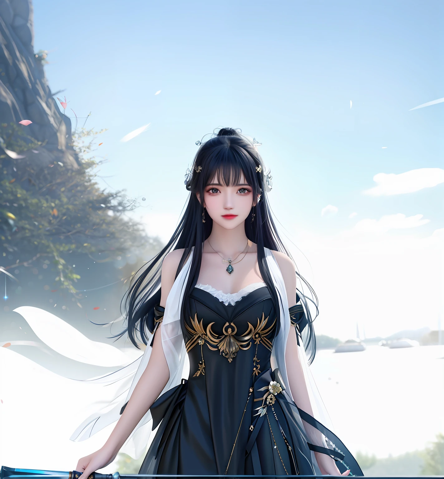 Best quality，tmasterpiece，A high resolution，CG，
1girll，arma，The sword，long whitr hair，shift dresses，Eau，独奏，jewely，black color dress，耳Nipple Ring，hair adornments，spatter，The upper part of the body，hair-bun，brunette color hair，
illuminating，Frankness，photore，A high resolution，4K，8K，Bokeh，