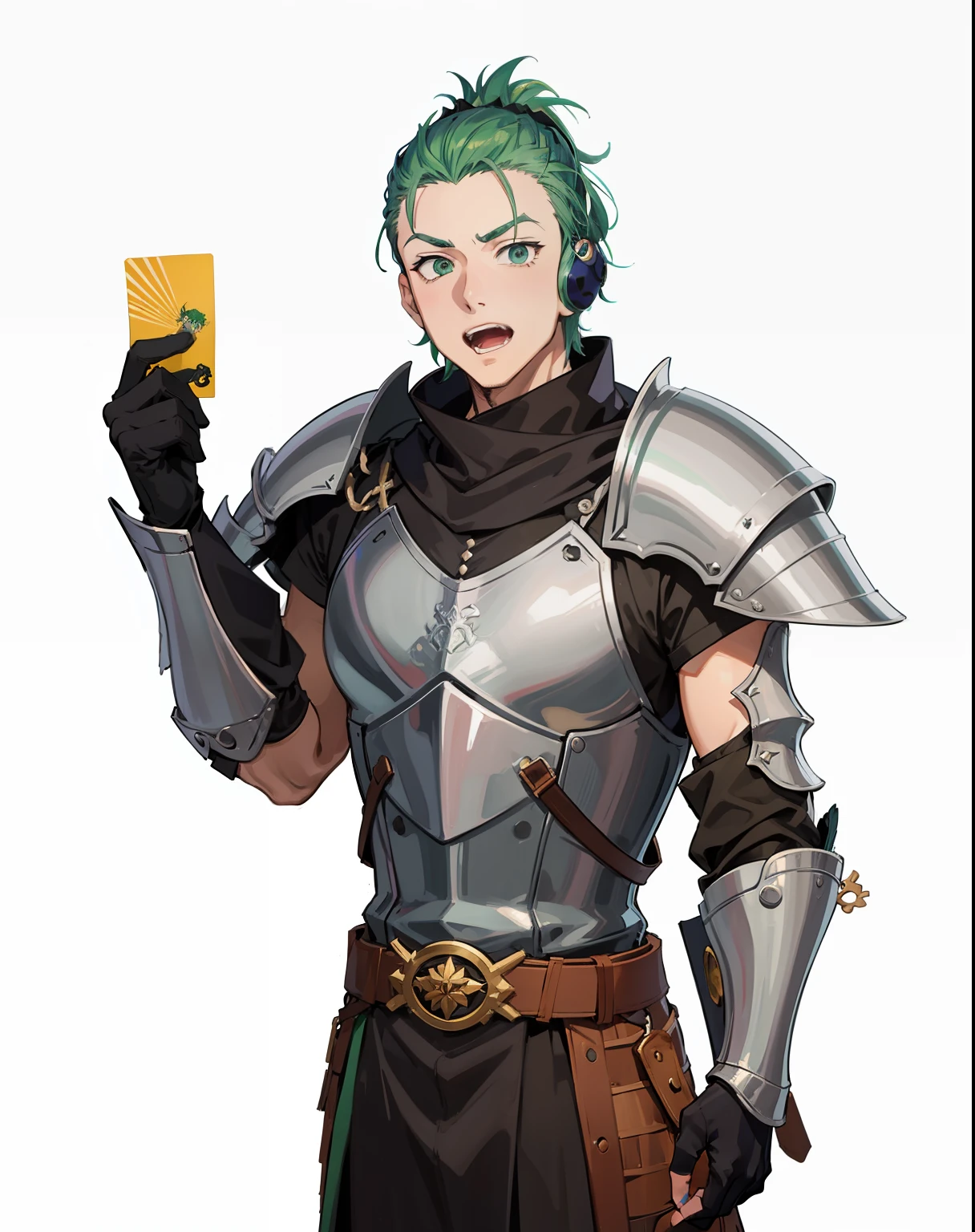 Screenshot of Anime 30-year-old man with green mohawk hair dressed in medieval European knight costume stands with surprised face looking at the card in his right hand。The body shape is thin。Fine line art 2020s anime