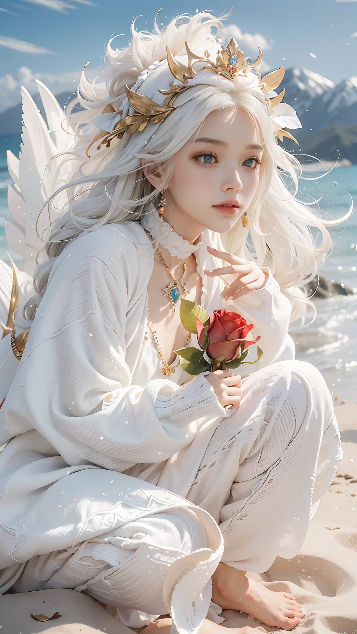 Exquisite scenes,depth of fields,8K,The ivory sky,White clouds,The sun shines on the snow-white sand。The coral sea,There are many small colorful shells on the beach,Red rose,Rose flower,tmasterpiece,k hd,Detailed details,Beauty defines the role of the body in detail,ssmile,Exquisite facial features,s the perfect face,White skin of the,long whitr hair,The background is a dragon,The hair is orange,Dressed in white,The clothes were tightly wrapped,long trousers,Cloak,Animal headdress