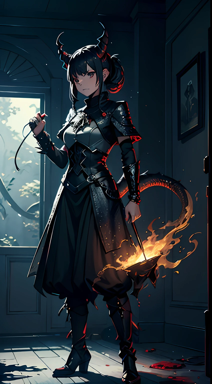 A huge demon from hell,standing on your feet,(It has snake-like scales on its body),(detailed face description),Handheld magic weapon,The vista is a bloody battlefield of slaughter,The vista is a variety of little imps dancing with teeth and claws,(Dark black tones),(8k wallpaper),(CG style),(Watercolor style painting),(Noticeable light and shadow effects),(Ray traching),(There is light particle tracing),(Fantasy mythological style),style of surrealism,(Unreal Engine5),(Extremely expressive drawing technique),(masterpiece),(Produced by a master),(Photography Award),RAY