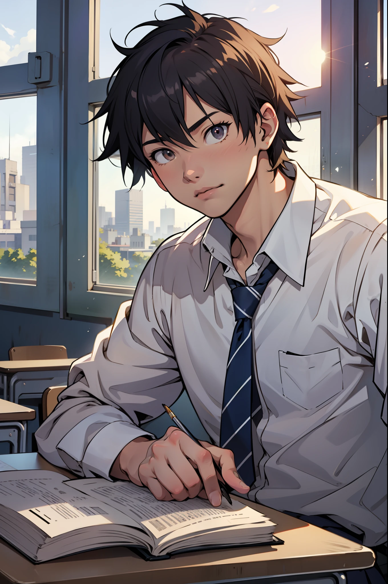 Refreshing and handsome school uniform male high school student，Sit in the back of the classroom，The desk was full of books，Holding his chin in his hand, he looked out the window gently，‎Classroom，full of sunlight，Hopeful，morningglow，Soft light，cinematric light，The low-purity tone，Lateral face，Makoto Shinkai painting style，japan manga style，Full-HD.1080P.2K4K8K