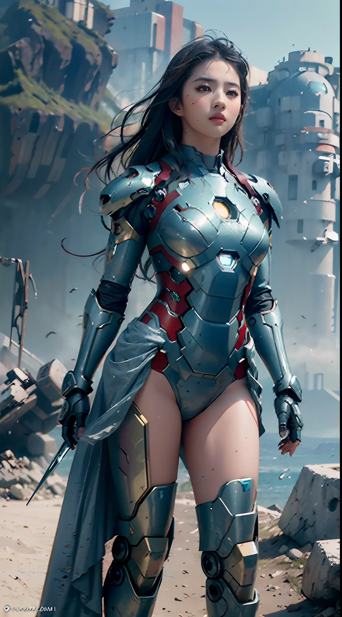 RAW, masterpiece, ultra fine photo,, best quality, ultra high definition, photorealistic, sunlight, full body portrait, stunningly beautiful, combat pose, delicate face, brilliant eyes, (front view,full body), she wears futuristic iron man mech, blue and yellow and green color scheme, highly detailed destroyed iron man background, detailed face, detailed and complex busy background, messy and gorgeous, Lush plump breasts, High Detail skin, Realistic skin details, Visible pores, Sharp Focus, Volumemetric Fog, 8K UHD, DSLR camera, High Quality, Film Grain, Fair Skin, Photorealism, Lomography, View from below, Translucent