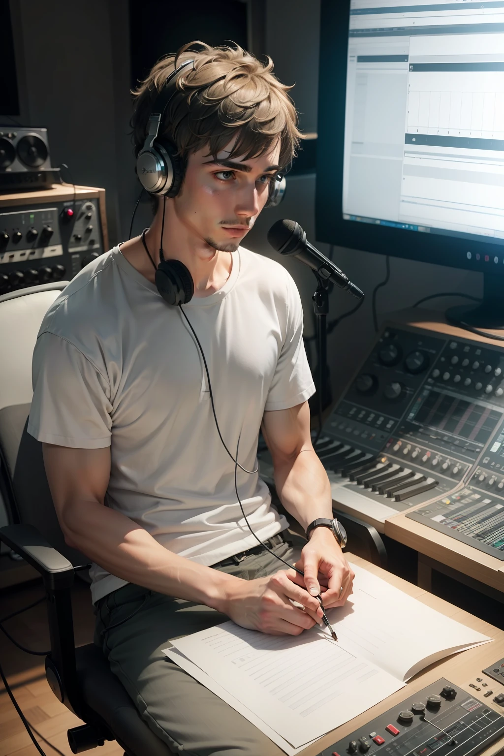 Dude guy with short hair wearing headphones recording in the studio, sitting in front of a microphone, Paper manuscript in hand, The studio is warm gray