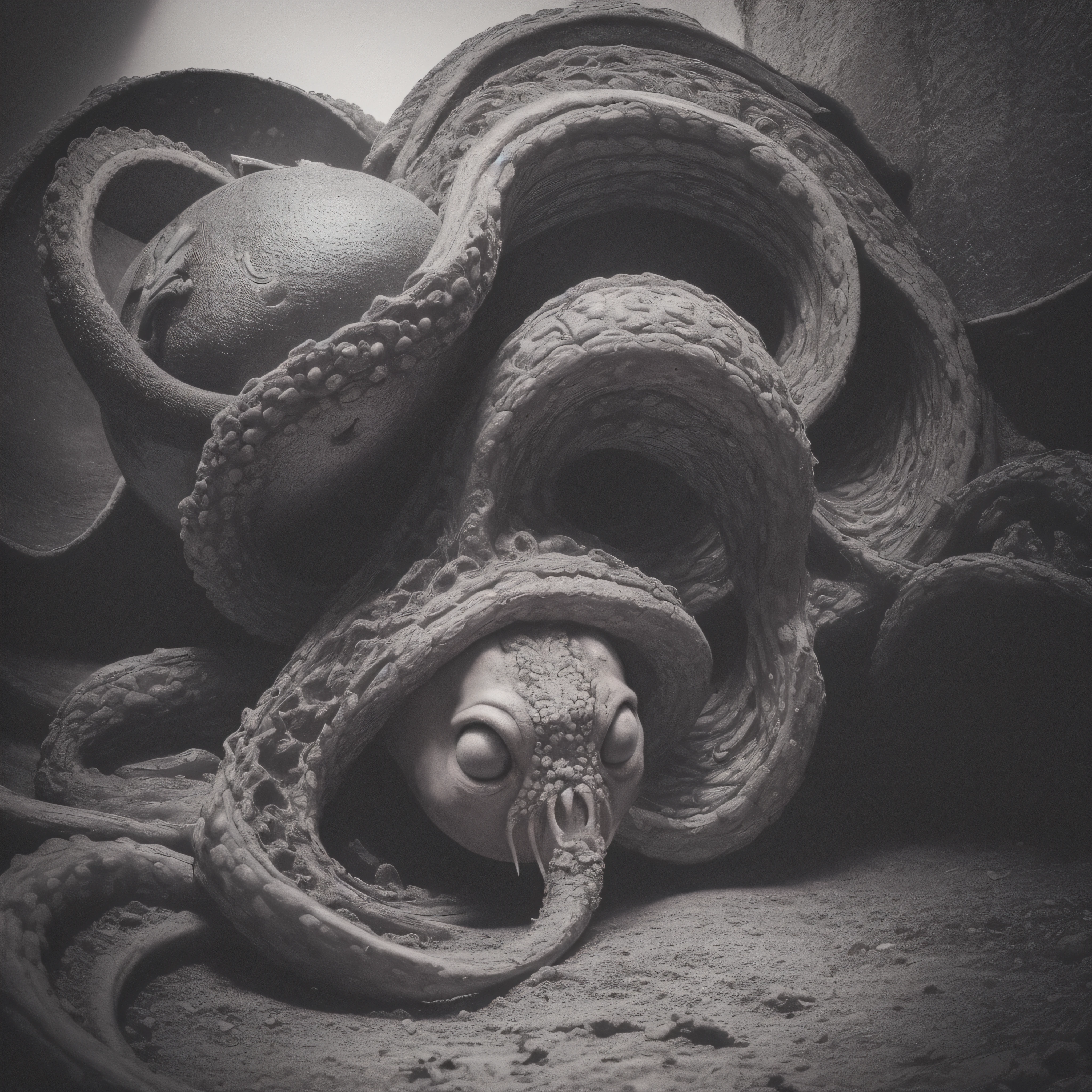 (extremadamente detallado, obra maestra, La mejor calidad), Estilo oscuro, intense illumination, rostro con arrugas, lengua larga, tentacle, deforme, monstruoso, interior de una piscina de agua verdosa, imagen submarina, alien con Colmillos finos, pico de pulpo amenazante. manchas de tinta. Rococo composition. Luz de caravaggio